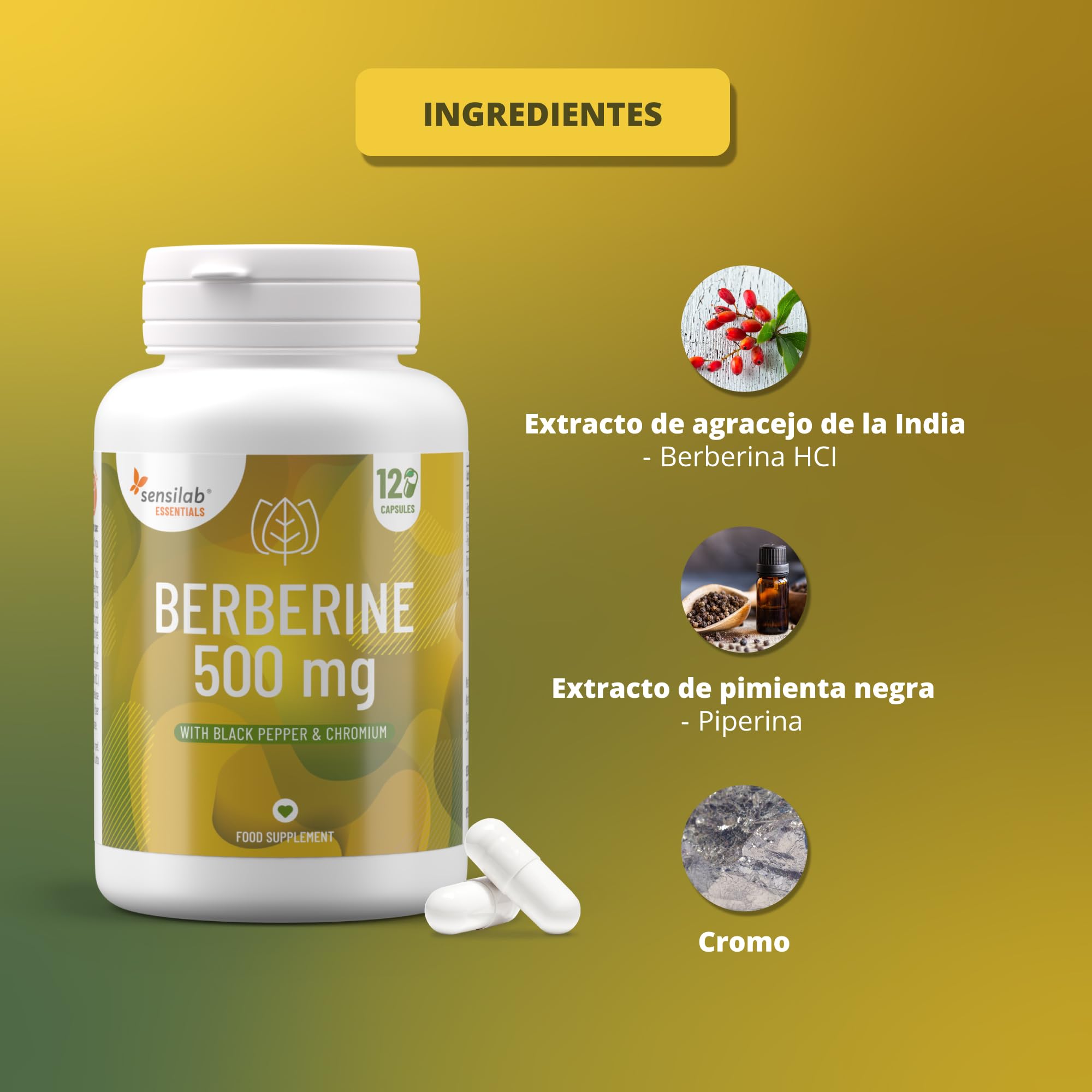 Sensilab Berberina con Cromo y Pimienta Negra. 120 Cápsulas para 4 Meses | El cromo contribuye al metabolismo normal de los macronutrientes y al mantenimiento de glucosa normal. Vegano