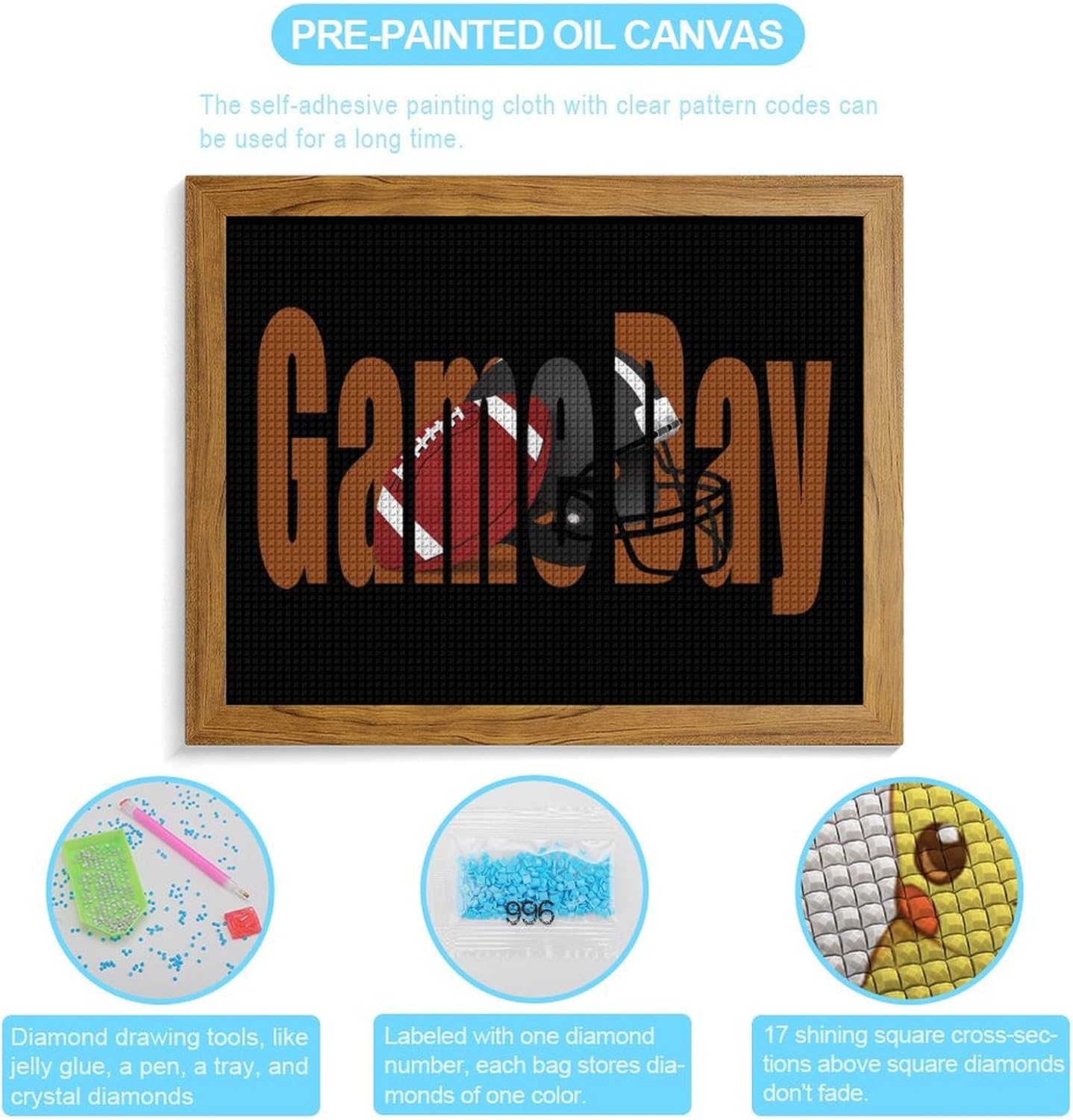 Game Day Football Printed Diamond 5D Painting Kits DIY Full Drill Crafts for Home Wall Decor 16x20 Inch Yellow Wood 50 * 40cm