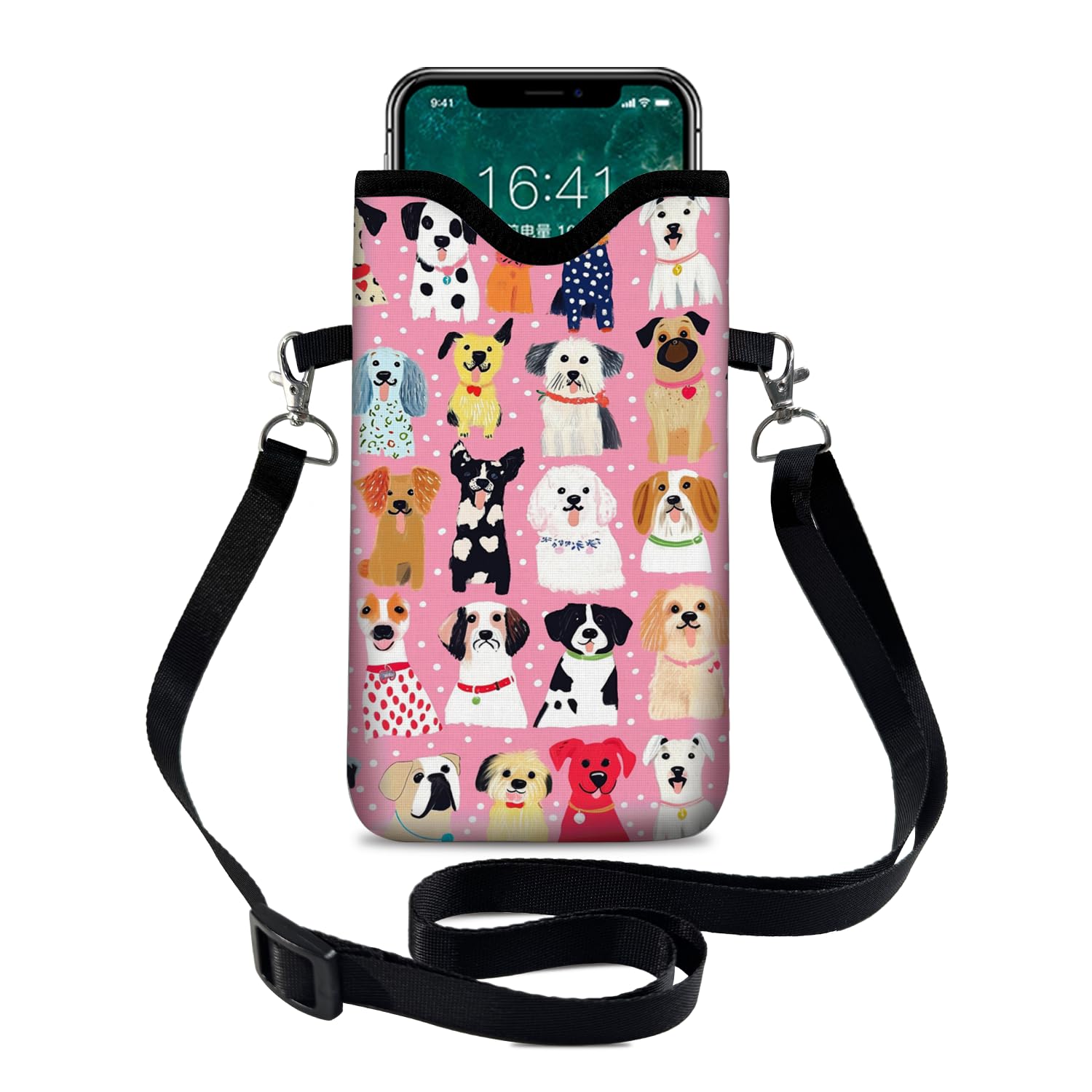 Neoprene Cell Phone Sleeve Pouch Case Bag with Crossbody Strap Neck Lanyard for Women 7.1 X 3.9 in Pink Dog