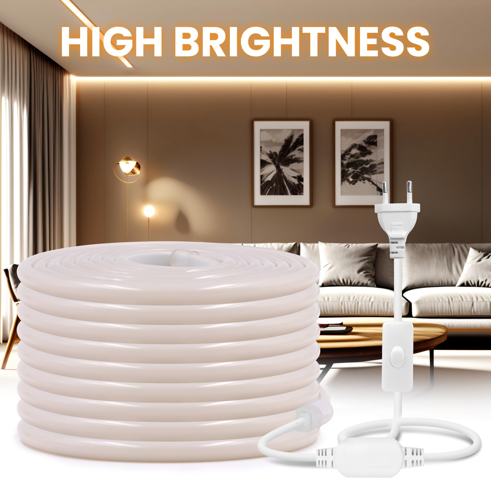 230V COB Neon LED Streifen 6m, 270°Beleuchten Licht, Schneidbar (50cm), 288LEDs/m Superhell Flexible Warmweiß FCOB LED Leuchtband Mit Schaltstecker für Weihnachten, Party Deko