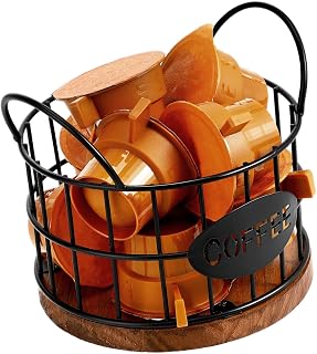 Coffee Pod Storage Basket with Handles, Iron and Wood Countertop Organizer | Open-top Wire Design, Portable Desktop Use, Instant Access for Snacks or Capsule Storage