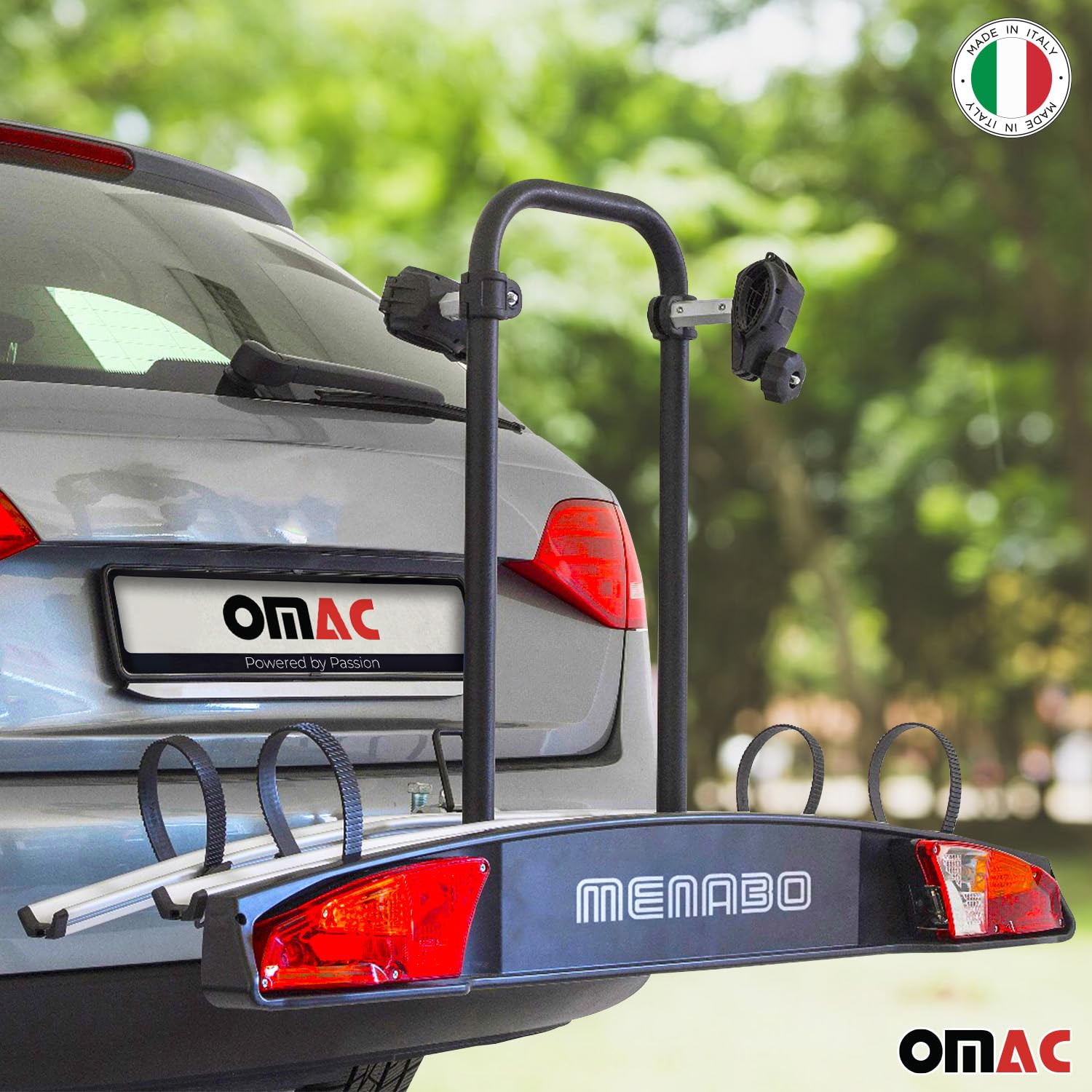 MENABO Portabici Merak K Gancio Traino Portatutto Posteriore 2 Bici | Portatutto Posteriore Bici Pieghevole Rimovibile Leggero Accessori Cavalletto Bici Alluminio Nero Argento ABE