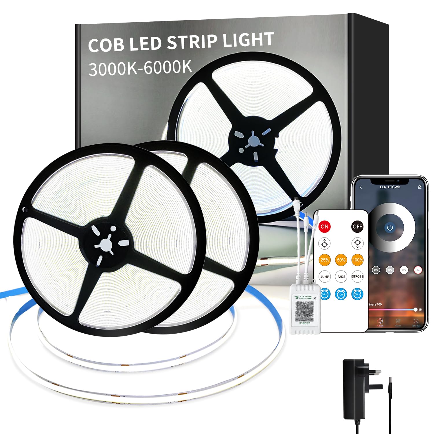 Yeewhale 24V COB LED Strip Lights 6000K 30M Dimmable White LED Strip Kit, with Remote and app Control and UKCA Power Supply LED Tape Lights for DIY Home Decoration