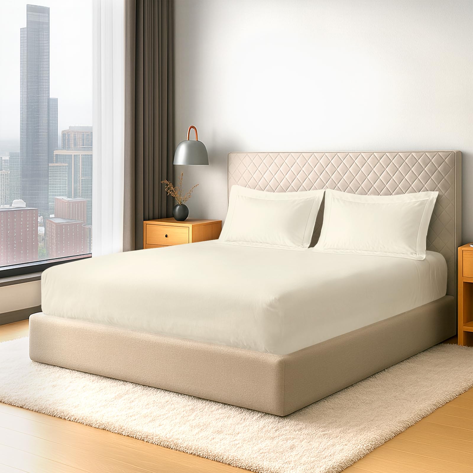 Pizuna Pure Cotton 600 Thread Count Double Fitted Sheet with 2 Pillowcases, New Ivory 100% Long Staple Cotton, Soft Sateen Weave 40 cm Deep Fitted Sheets Double Bed โ image 1