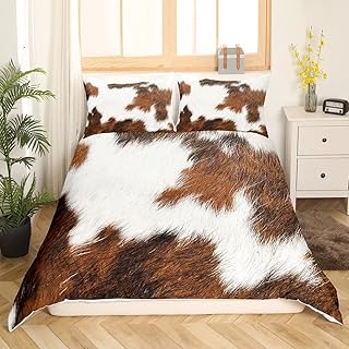 Erosebridal Cow Fur Bedding Duvet Cover Set,Kids Cowhide Fur Bedding Sets,Women Men Microfiber Soft Rustic,Cow Skin Decor Comforter Cover Set,3Pcs White Brown Farmhouse Bed Sets Queen Size
