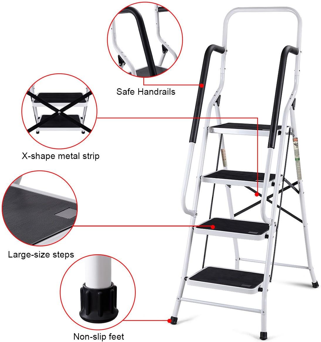 Giantex 2 in 1 Non-Slip Step Ladder Folding Stool w/Anti-Slip Handrails Grip and Additional Metal Bars 4 Step Ladder for Home and Office Use 62.5''H