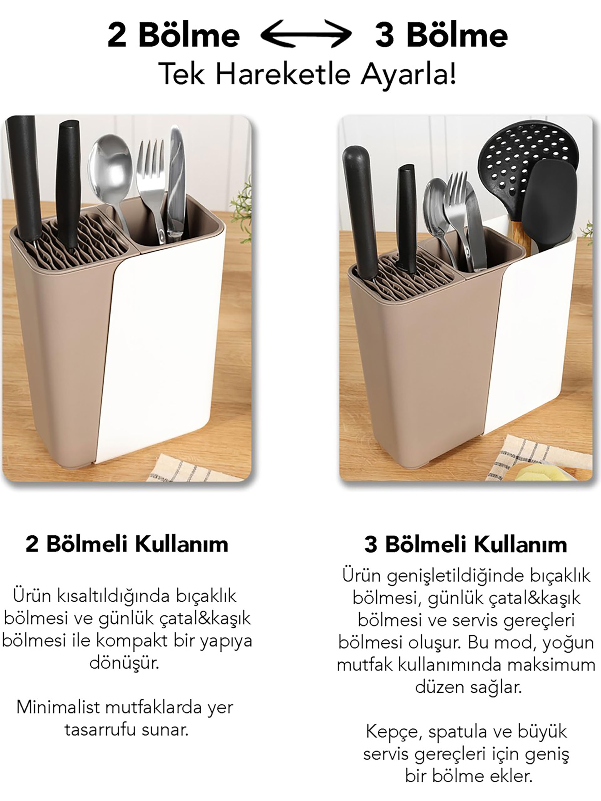 Promosyonca Çok Fonksiyonlu Mutfak Düzenleyici, 2-3 Bölmeli Ayarlanabilir Genişlik, Çatal Kaşık Bıçak Tutucu, 17-24 cm Genişlik (Siyah)