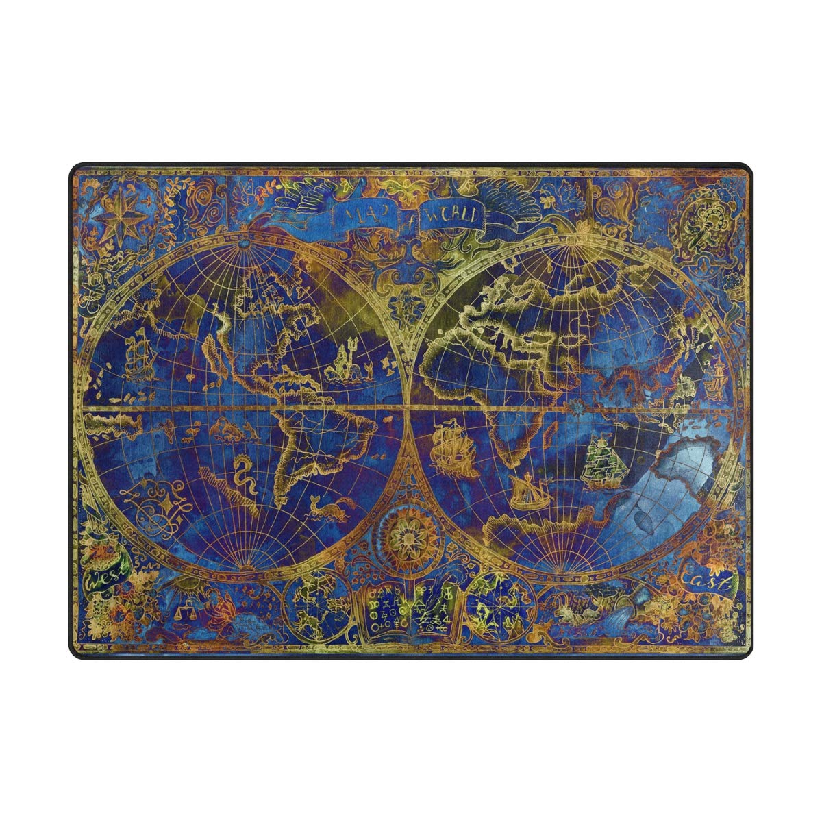 Alfombra de área grande 160 x 122 cm, diseño de mapa del Atlas del mundo, color azul