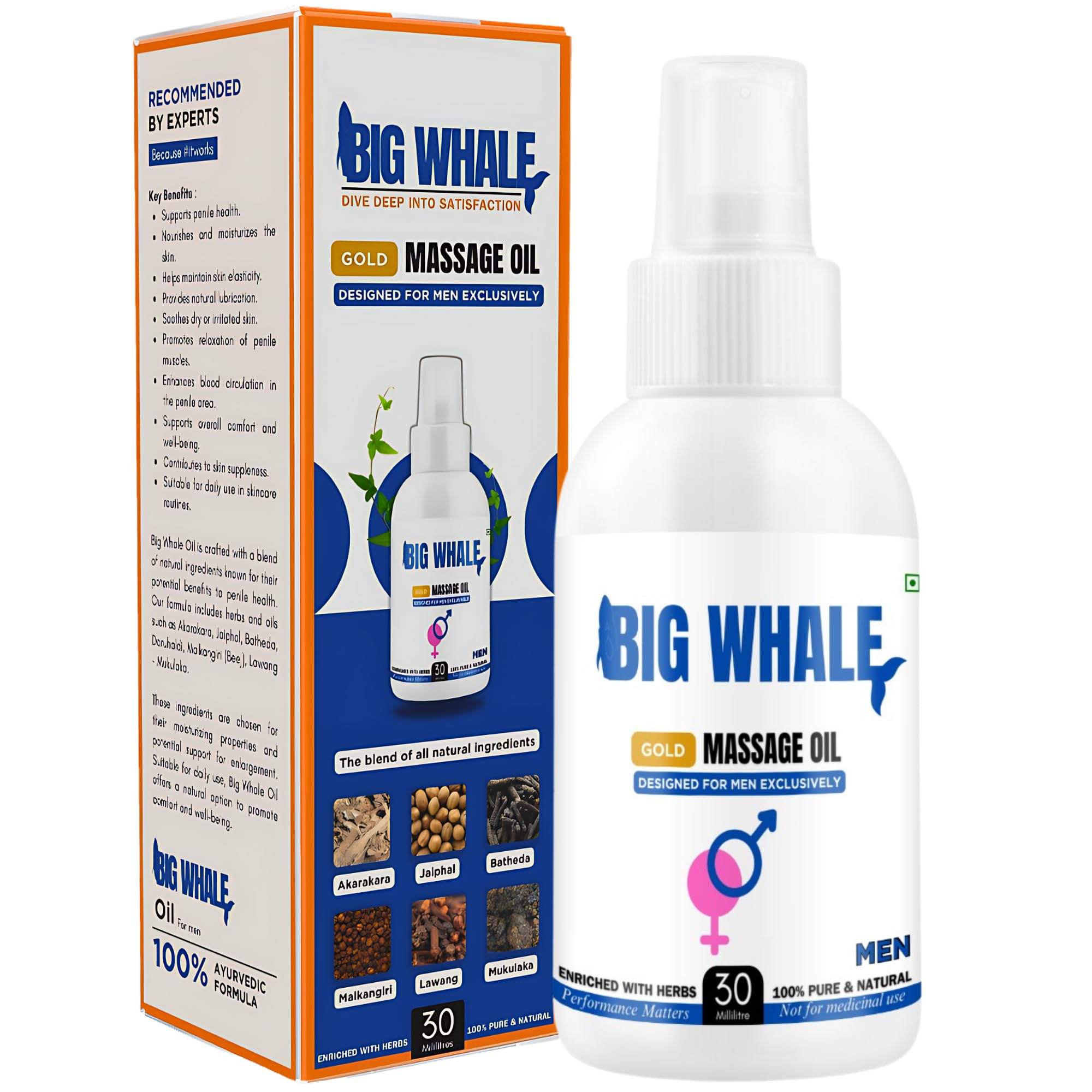 Big Whale Lift Up Oil for Men - Ayurvedic Massage Oil for Strength, Vitality & Wellness - 100% Natural Ingredients, 30ml