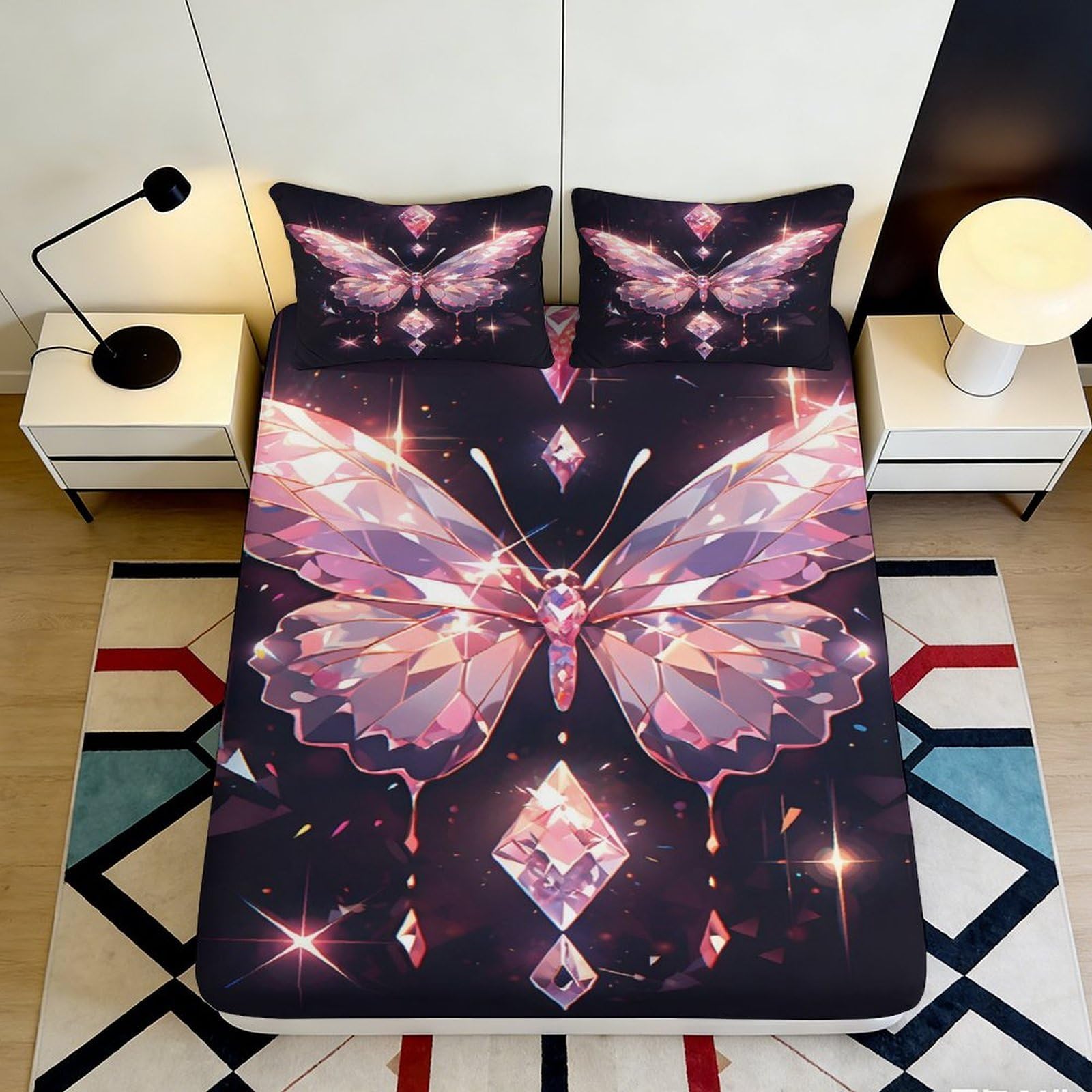 3D Printed Crystal Butterfly Fitted Sheet Microfiber Full Wrap Deep Pocket Bedroom Bedding Butterfly Mattress Fitted Cover Washable 200x200x25cm 90x200x25cm