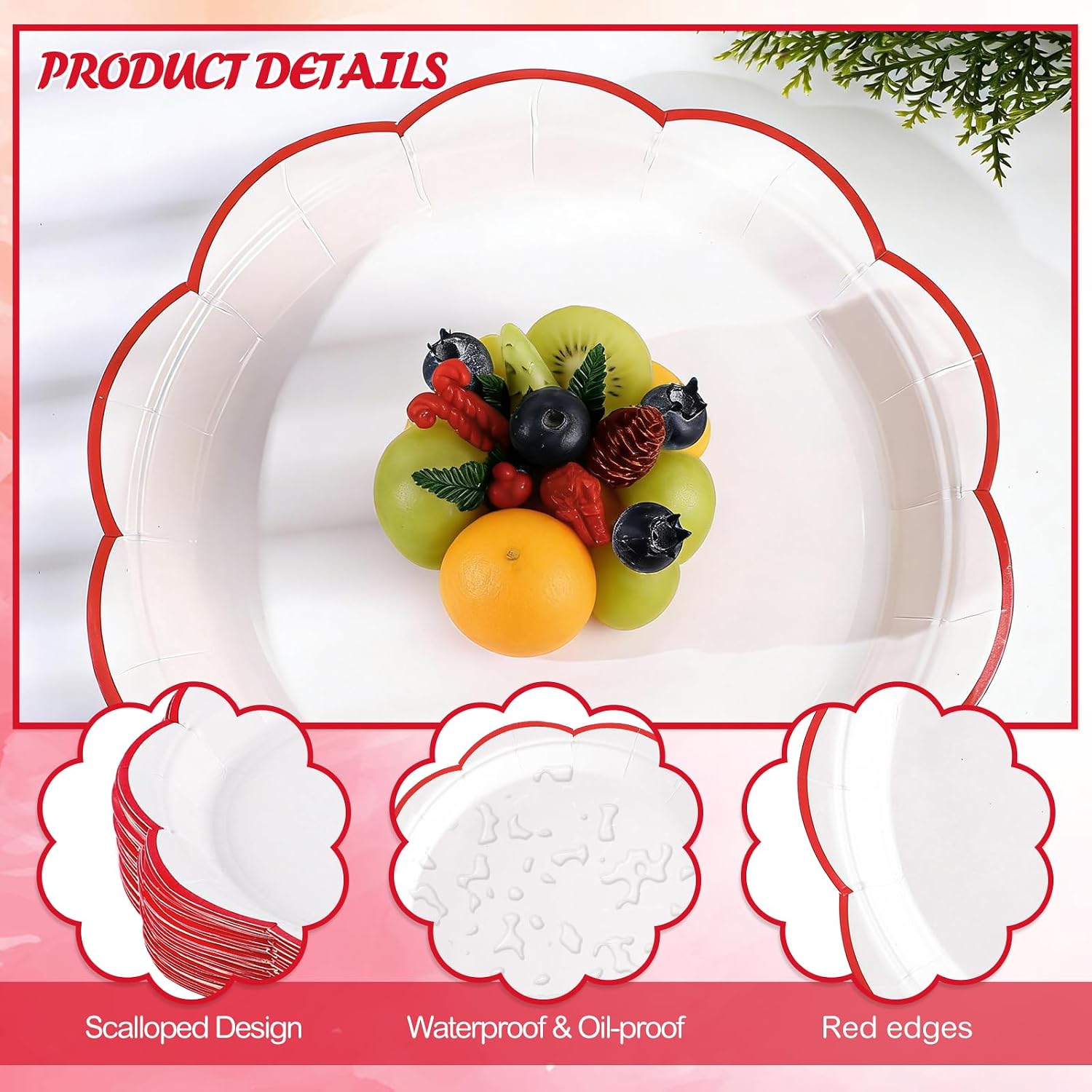NatNarr 30 Pcs Red and White Paper Plates 7 Inch White Plates with Red Trim | Scalloped Picnic Plate Disposable Dessert Cake Plate for Baby Shower, Wedding, Bridal Shower, Birthday, Dinner