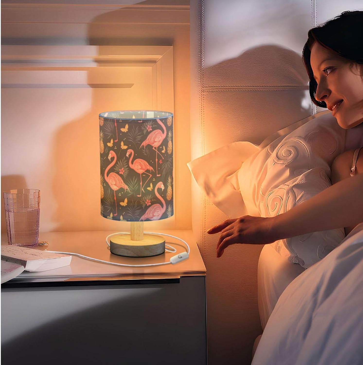 Tropical Pink Flamingo and Butterfly Pineapple Table Lamp for Bedroom USB Port Lamps Small Table Lamp Nightstand Lamp Sturdy Linen Shade Wood Base Decorative Lamps for Bedside Reading|Kids|Dorm|Home