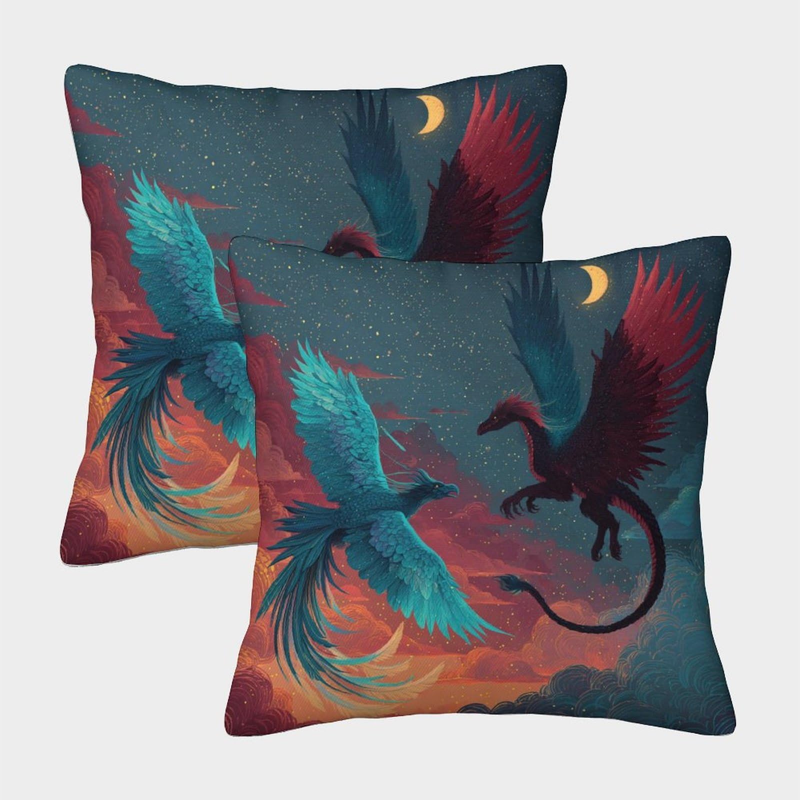 kaiyun 2 Pack A Blue-green Phoenix And A Black-red Dragon Fly Together Luxury Digital Printed Soft 3D Themed Square Cushion Cover 40x40cm