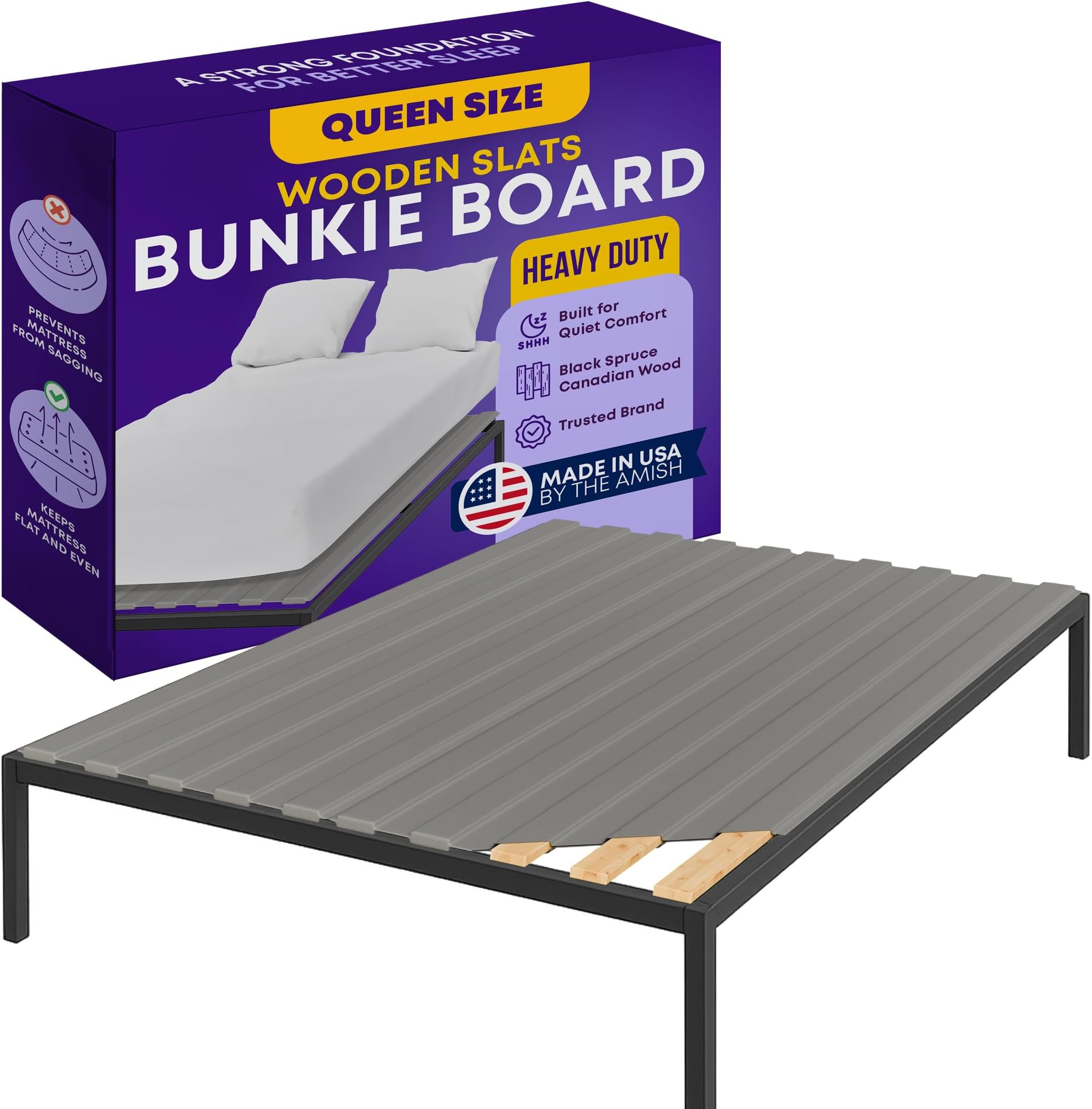Greaton, Wooden Queen Bed Slats for Support Under Mattress with Cover – Replacement Wood Slats for Queen Size Bed Frame – Under Mattress Support Without Extra Height – 3.38-Inch Standard Width