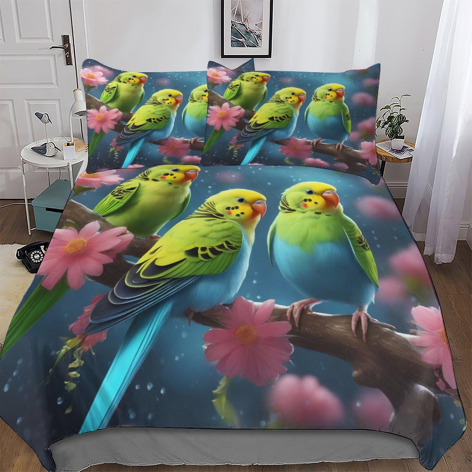 Housse de couette 200x200cm oiseau mignon parure de lit pour chambre cosy