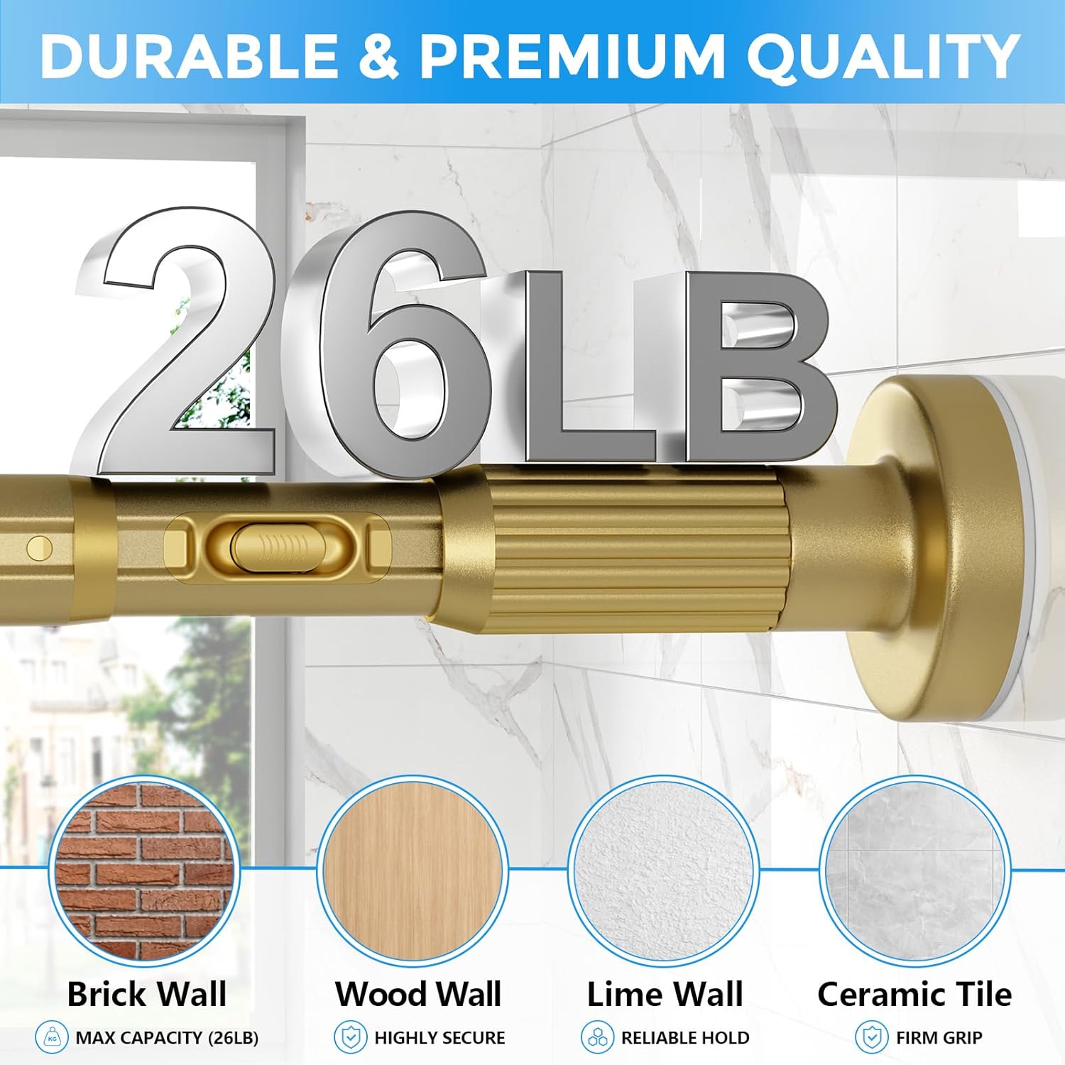 Tension Curtain Rod 42-144 Inches, No Drill Adjustable Spring Tension Rod, Push Button to Lengthen & Release to Lock, Heavy Duty Rust-Resistant for Window Living Room Closet Outdoor, Gold