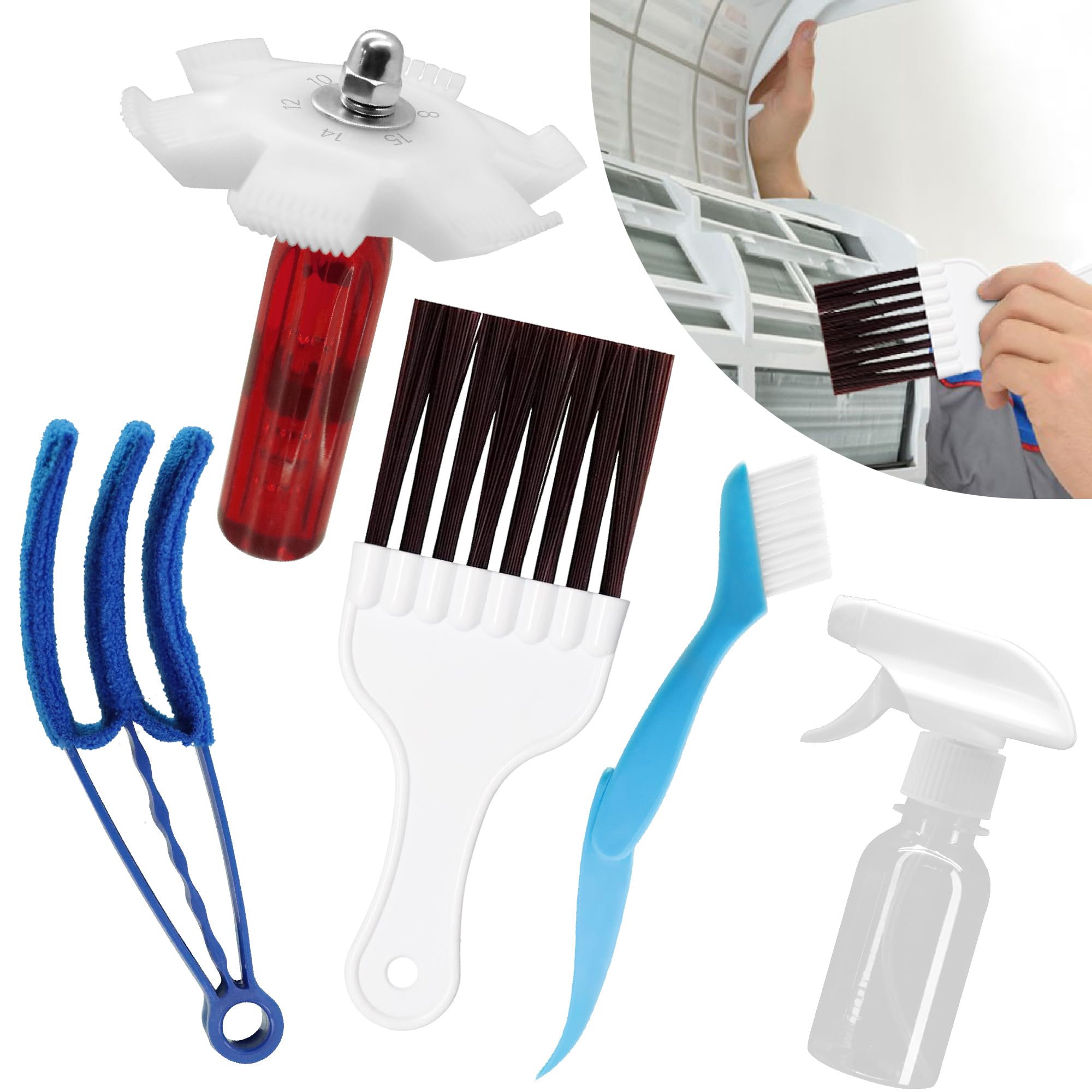 Cestluck 5 in 1 Air Conditioner Cleaning Kit, Fin Cleaner Set, Fin Straightening Tool Including 1 Air Conditioner Fin Comb Straightener, 2 Cleaning Brushes, 1 Grill Brush and 1 Sprayer