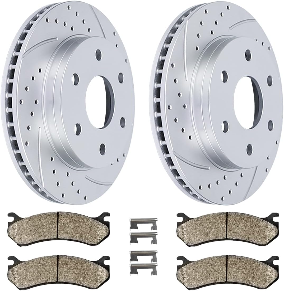 Front(12") Brake Kit Fit for Chevrolet Astro Express Avalanche Silverado Suburban Tahoe Cadillac Escalade ESV EXT GMC Savana Sierra Yukon Drilled and Slotted Brake Rotors Ceramic Brake Pads