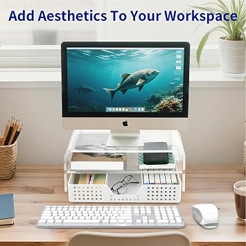 OPNICE Acrylic Computer Monitor Stand Riser with Drawer, 2-tier Clear Desk Organizers and Accessories, Office Desk Accessories, Workspace Desktop Organization for Office Supplies