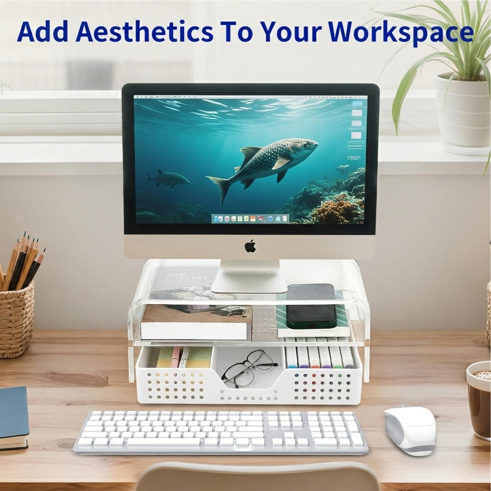 OPNICE Support de moniteur d'ordinateur en acrylique avec tiroir, organiseurs de bureau transparents à 2 niveaux et accessoires, accessoires de bureau, organisation de bureau pour fournitures de