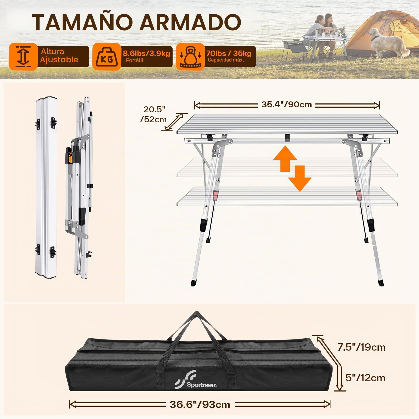 Sportneer Mesa plegable de camping al aire libre, mesa de picnic portátil con altura ajustable, capa de malla, mesa plegable de camping con mesa enrollable de aluminio para campamento, cocina, jardín