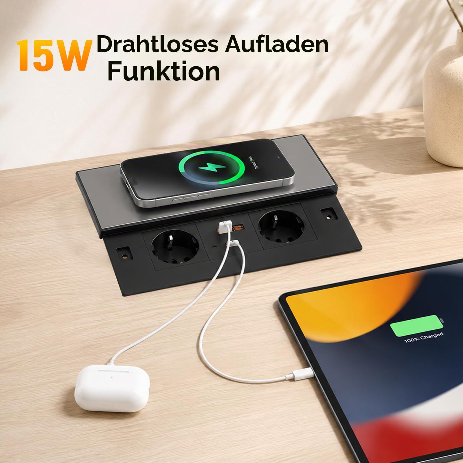 Einbausteckdose Versenkbar, 2 Fach Einbausteckdose mit Deckel, USB C PD 30W USB A, Tischplatte Einbausteckdose mit Kabellosem Laden, für Schreibtisch Küche Büro Konferenztisch, 1,8m Kabel
