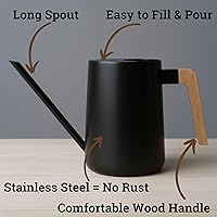 Vista 2 de Regadera pequeña de metal de 35 onzas para interior con boquilla larga y mango de madera real para plantas de casa, suculentas, cactus y plántulas
