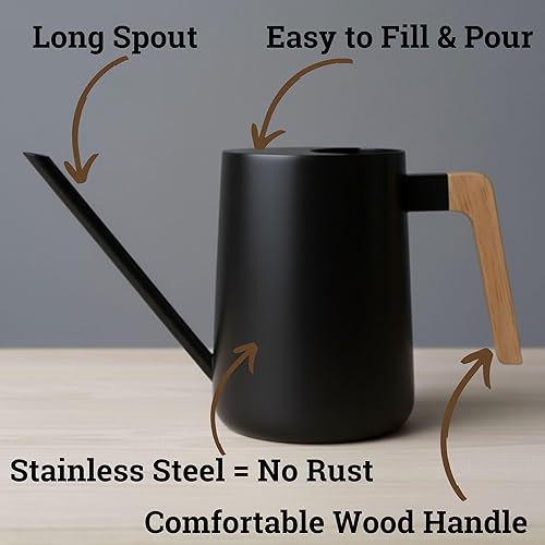 Miniatura 2 de Regadera pequeña de metal de 35 onzas con boquilla larga y mango de madera real para plantas de casa, suculentas, cactus y plántulas, regadera negra