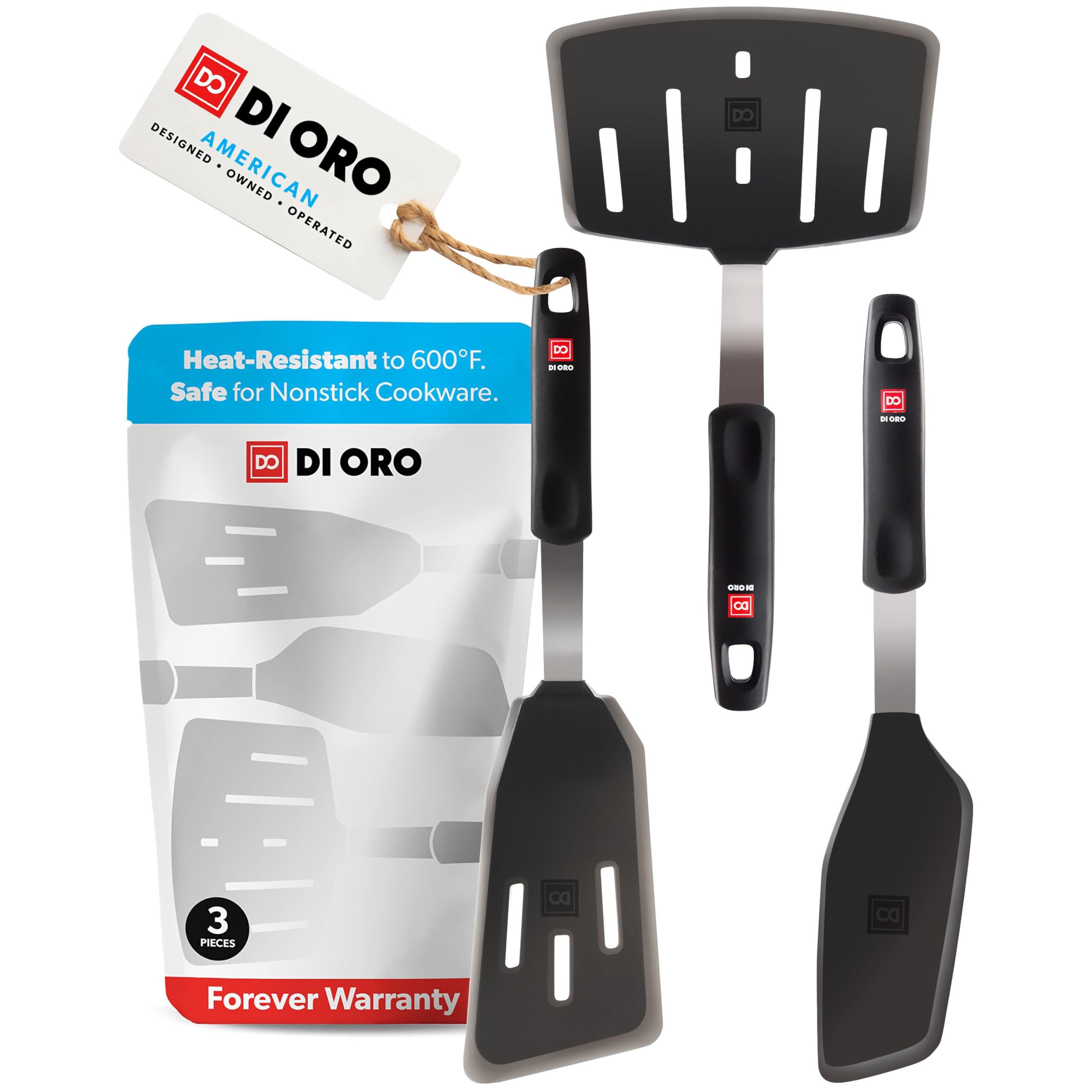 DI ORO Spatulas for Kitchen Use - Forever Warranty - 600°F Heat-Resistant Silicone - Turner Spatula Set for Cooking - BPA Free Wide Pancake Spatulas - Egg Flippers for Nonstick Cookware Safe (3pc)