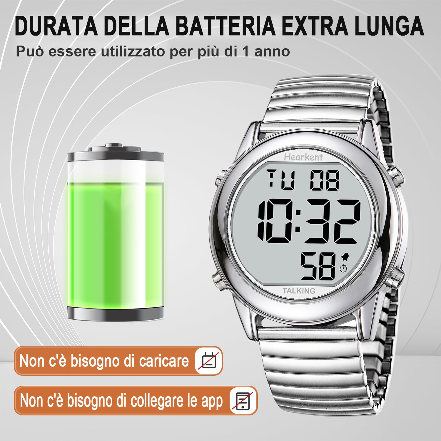 Orologio parlante da uomo, annunci vocali in italiano, cifre grandi e facili da leggere, adatto a ipovedenti, ciechi e anziani, quadrante grande, voce chiara e forte
