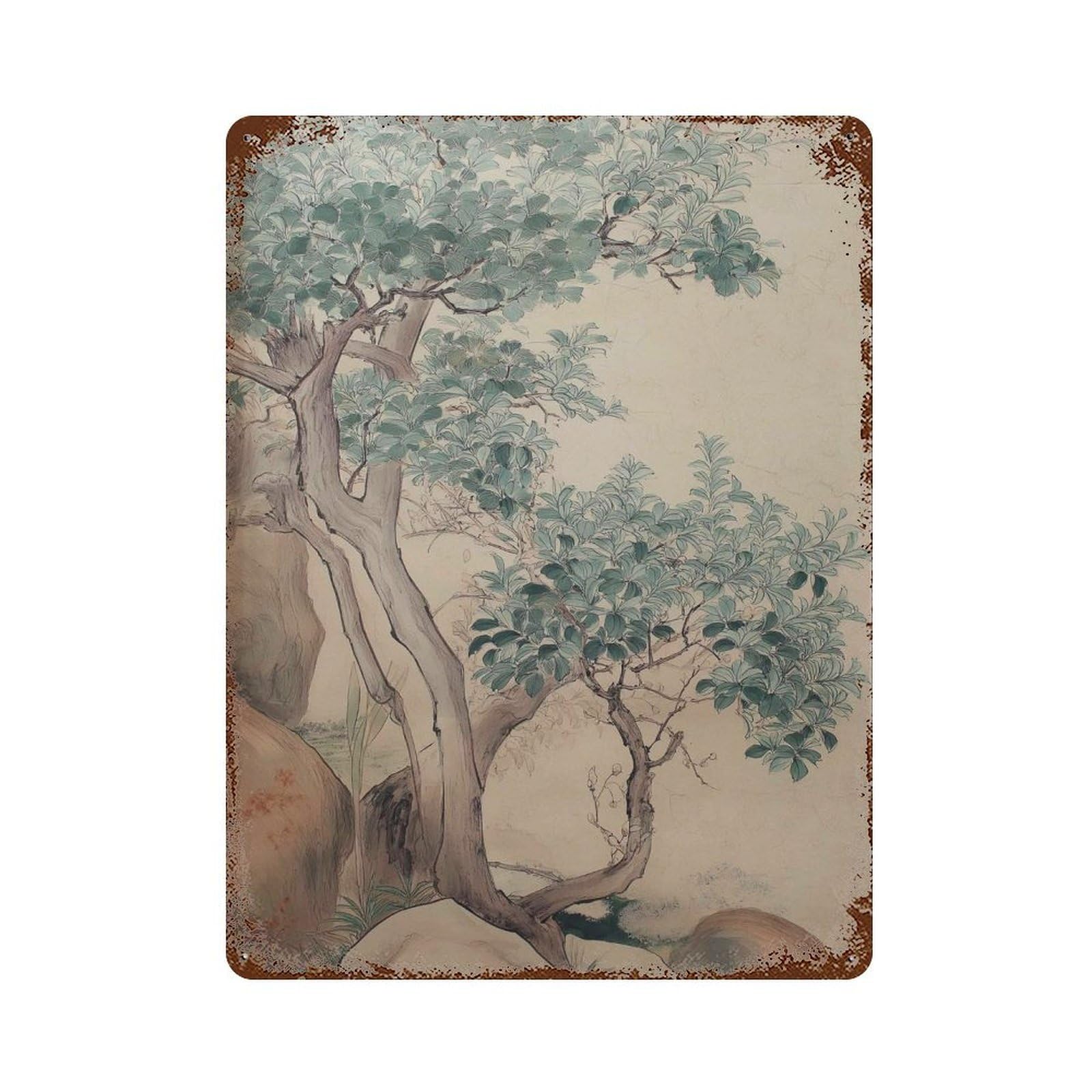 xiaoxiaoshen Asian Tree Traditional Botanical Painting Minimalist Zen Nature Japanese Ink Lan Wall Decor Art Metal Tin Poster Modern Home Decor Art Home Bar Shop Decorations Vintage Sign 40x30cm