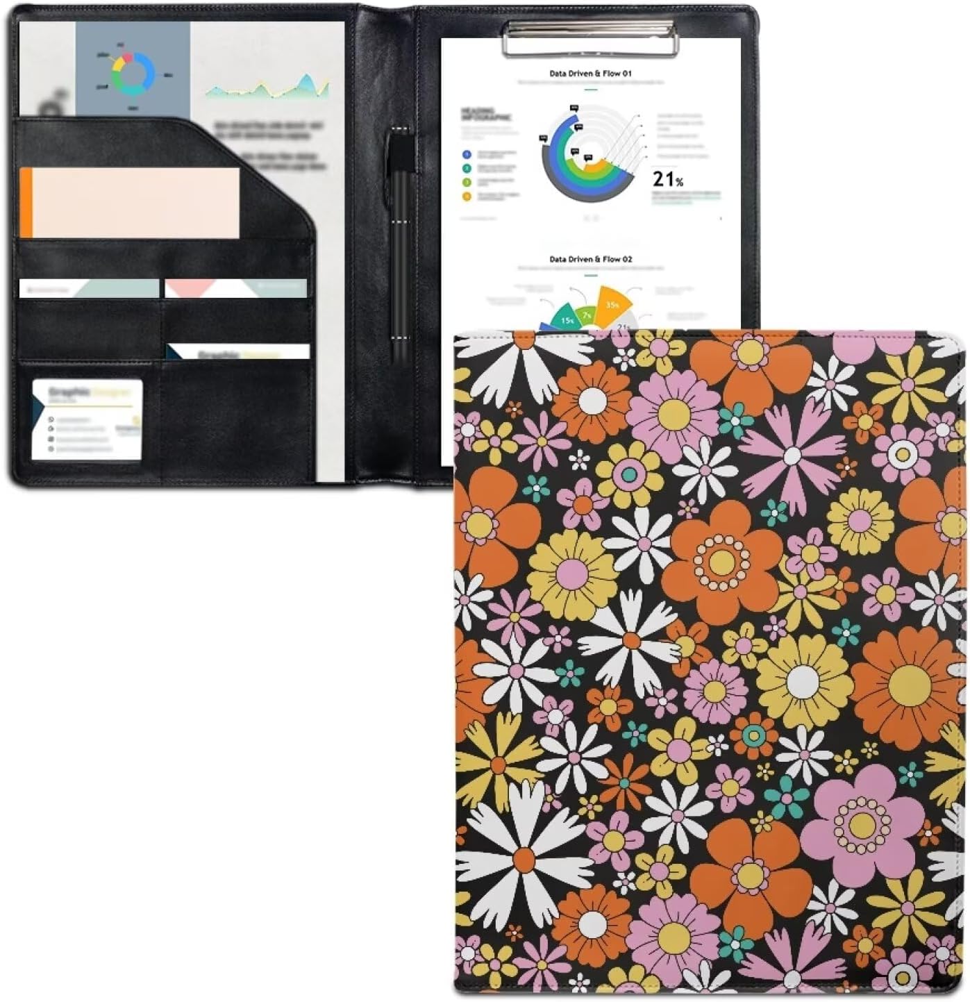 Coldinair Hippie Flower Print Portfolio Binder Clipboard Folio Organizer with Notepad A4 Notepad Business File Folder Organizer for Women Men PU Leather Clipboard Portfolio, Boho Floral Daisy, Yellow