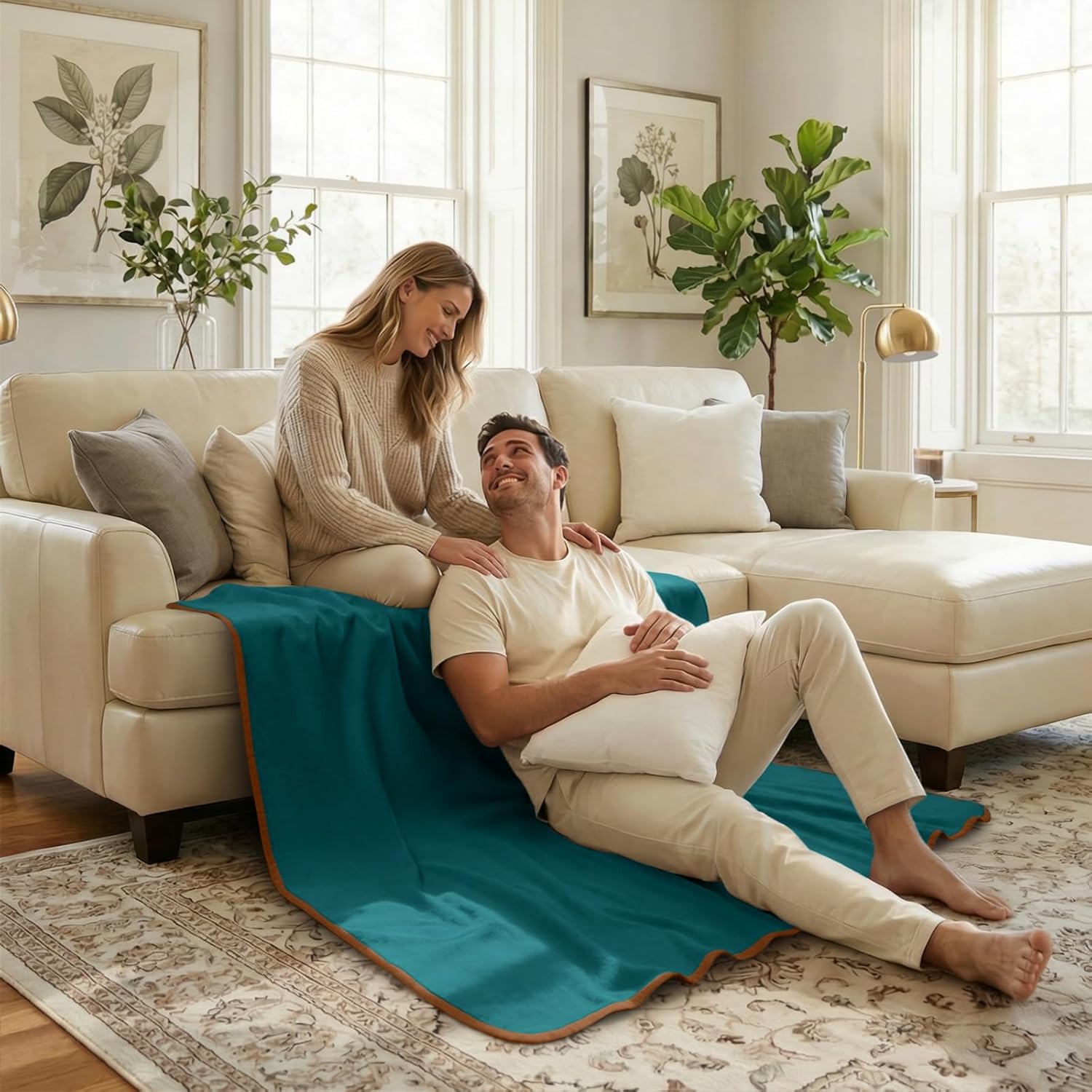 Luciphia 100% Waterproof Blanket for Adults or Large Dogs, Soft Polar Fleece XL Pet Throw Blankets for Bed Couch Protector Washable, Reversible Leakproof Furniture Protection,Teal Camel,82x90 inch