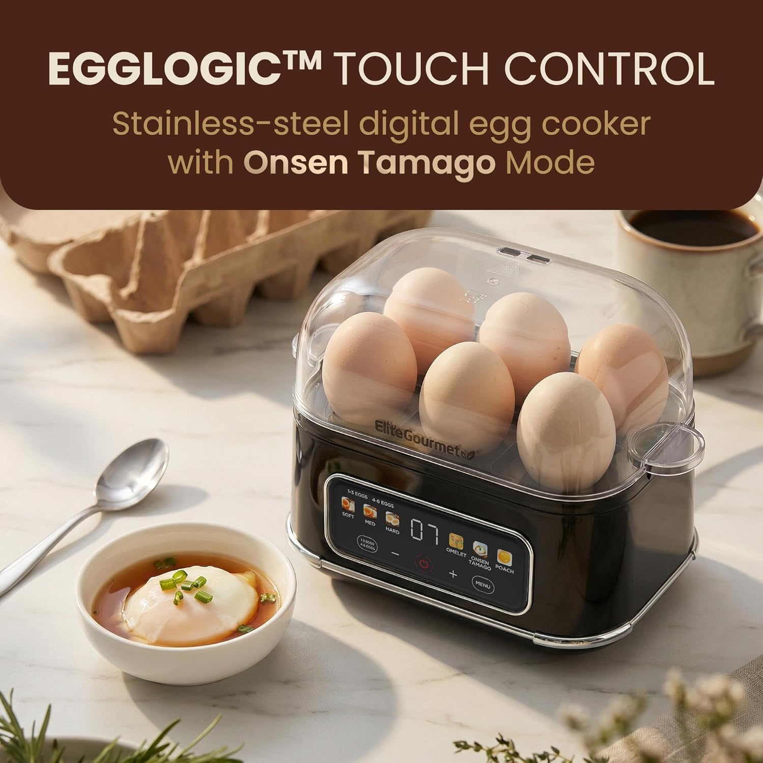 Elite Gourmet Digital Egg Cooker, 6 Egg Capacity, Soft/Medium/Hard Boiled, Onsen Tamago, Poach & Omelet, One-Touch Menu, Audible Alert On/Off, Auto Shut-Off, Black