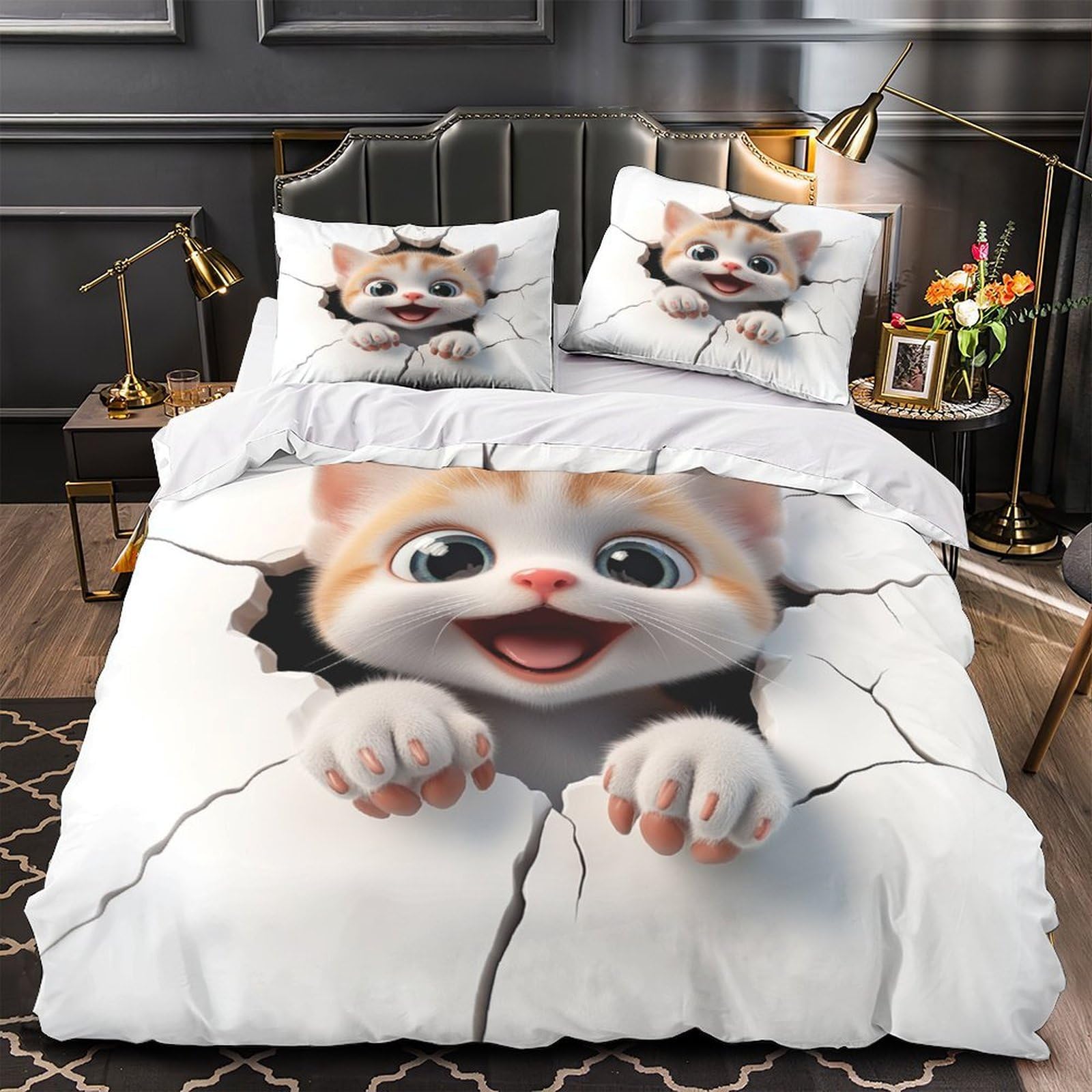 Housse de couette microfibre lavable machine 260x220cm motif chaton 3D