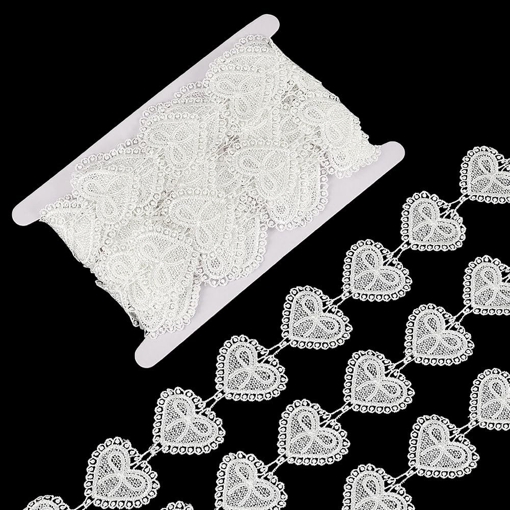 FINGERINSPIRE 7.5 Yards/6.86M Heart Applique Lace Trim in White, Polyester Material, Perfect for Wedding & Romantic Occasions