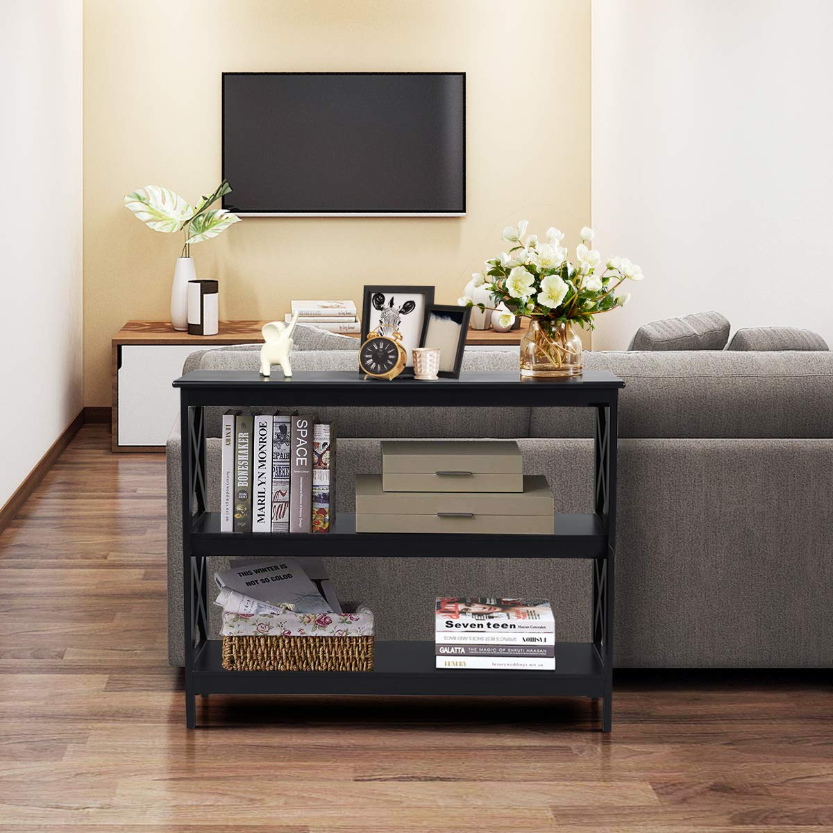 COSTWAY Mesa Consola Mesa Auxiliar de 3 Niveles Mesita con Estante Estantería 100x30x80 centímetros Mueble para Salón Pasillo (Negro)