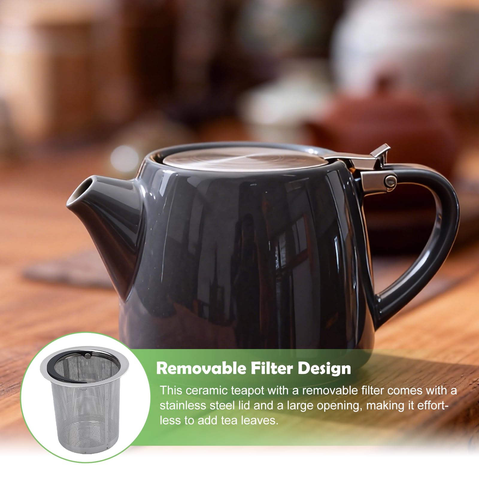 BAIFULAI Tetera de porcelana de cerámica, 600 ml, tetera japonesa con filtro de acero inoxidable, juego de té de porcelana, set de regalo para los amantes del té, gris oscuro