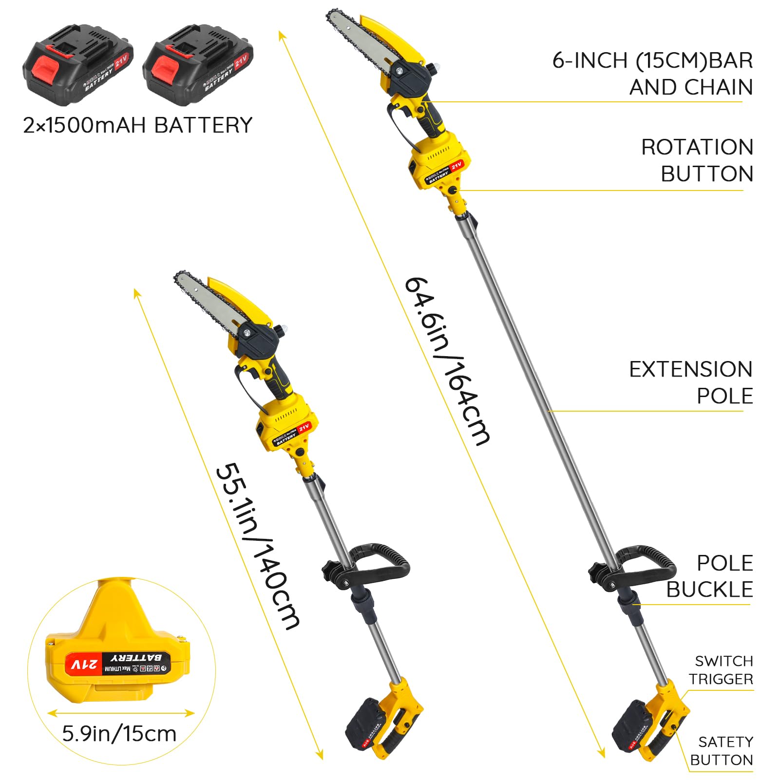 2 in 1 Mini Tronçonneuse et Élagueur sur Perche sans Fil, Tronçonneuse Télescopique 21V, Perche Télescopique 0.9-5.9 FT, Tête Inclinable 120° pour Taille Haute (Jaune)