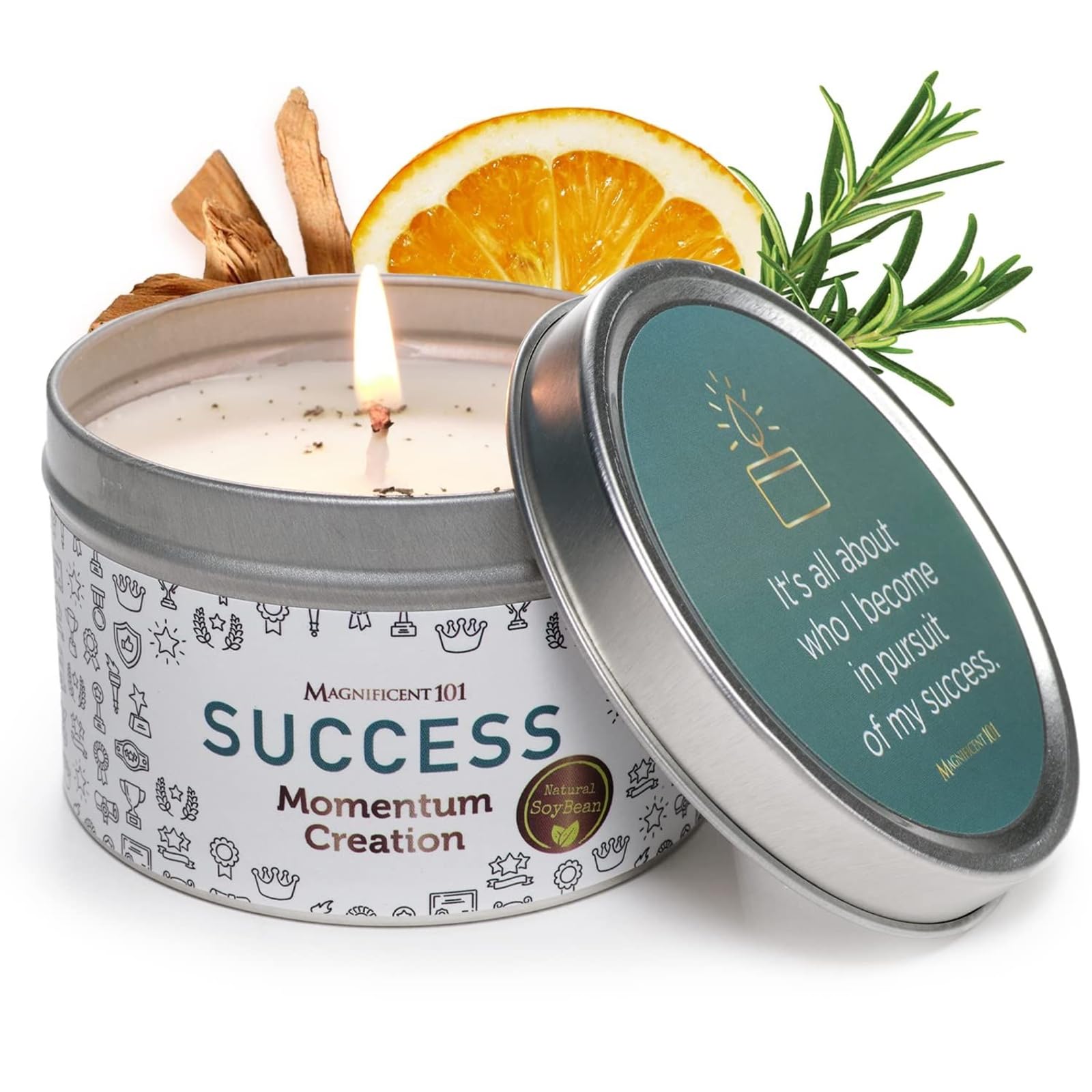 Study & Momentum Creation Candle for Success - 6 Oz White Tin - 35 Hour Burn Soy Wax - Sage, Bergamot & Sandalwood Scent - Energy Cleansing & Manifestation