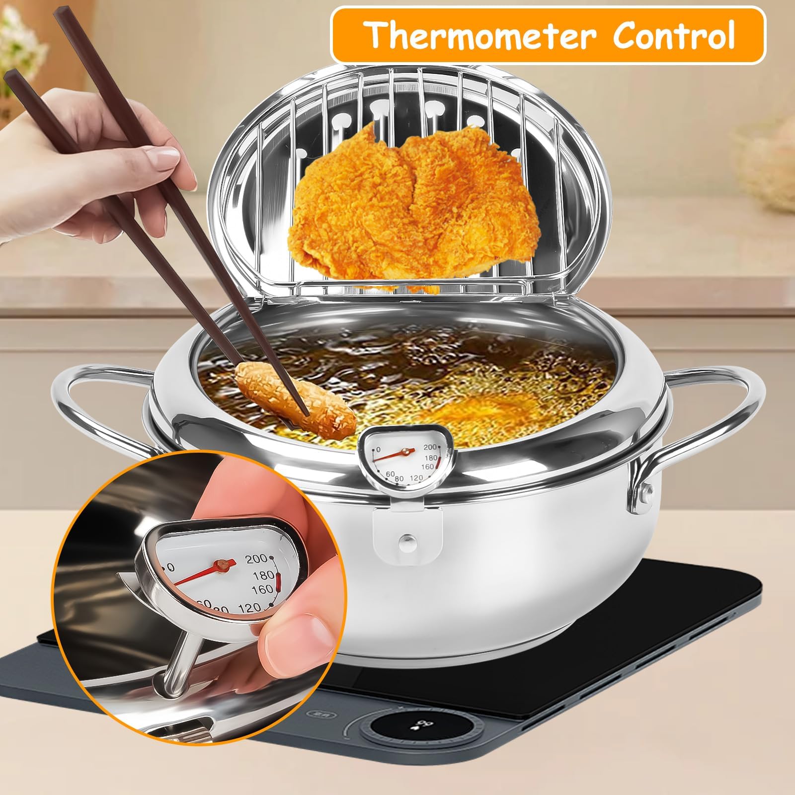 mumisuto Pentola per Friggere, Pentola per Friggere in Stile Giapponese, Friggitrice in Acciaio Inossidabile con Termometro e Coperchio per Friggere, Pollo Francese, Pesce Secco (Argento, 24cm)