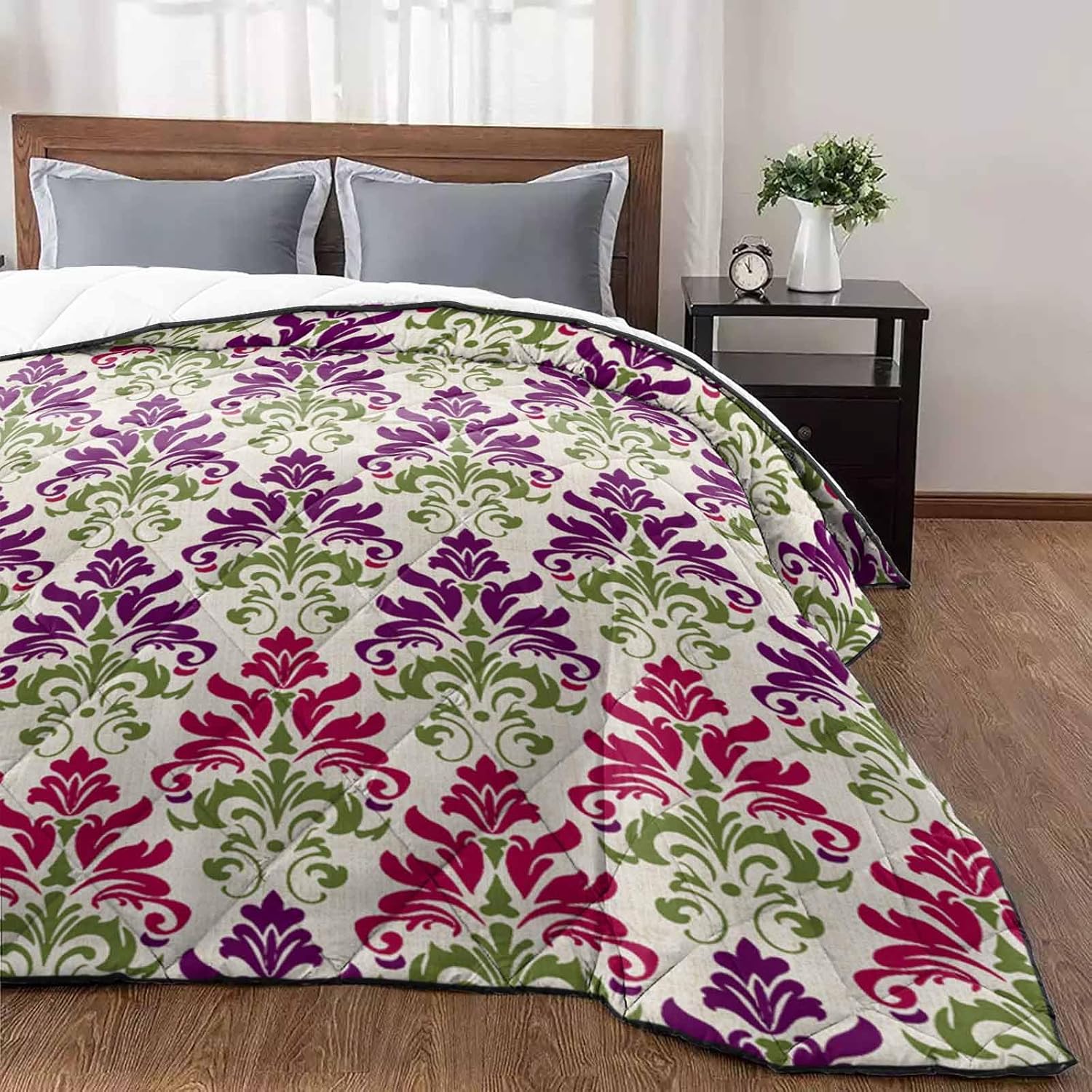 T&H XHome Quilt Full Size Luxury Quilted Comforter Bedspread-Thin Soft Cozy, Abstract Geometric Art Red Green Floral Pattern Reversible Stitched Lightweight Quilt Coverlet for All Season