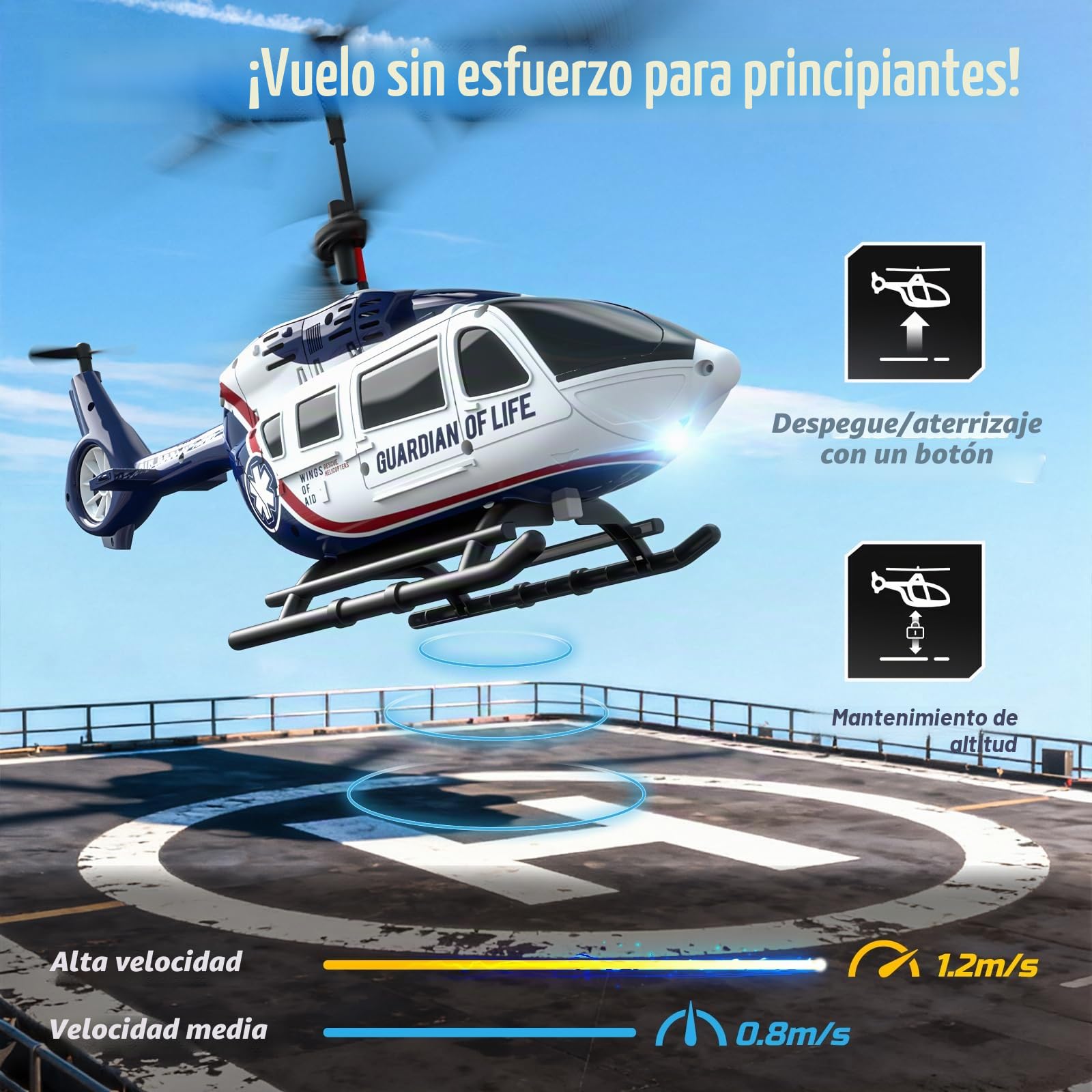 DEERC Helicóptero Teledirigido para Niños, RC Militar de Rescate con Mantenimiento de Altitud, Despegue/Aterrizaje con una Tecla, Luz LED, Alerta de Batería Baja, Regalo para Niños