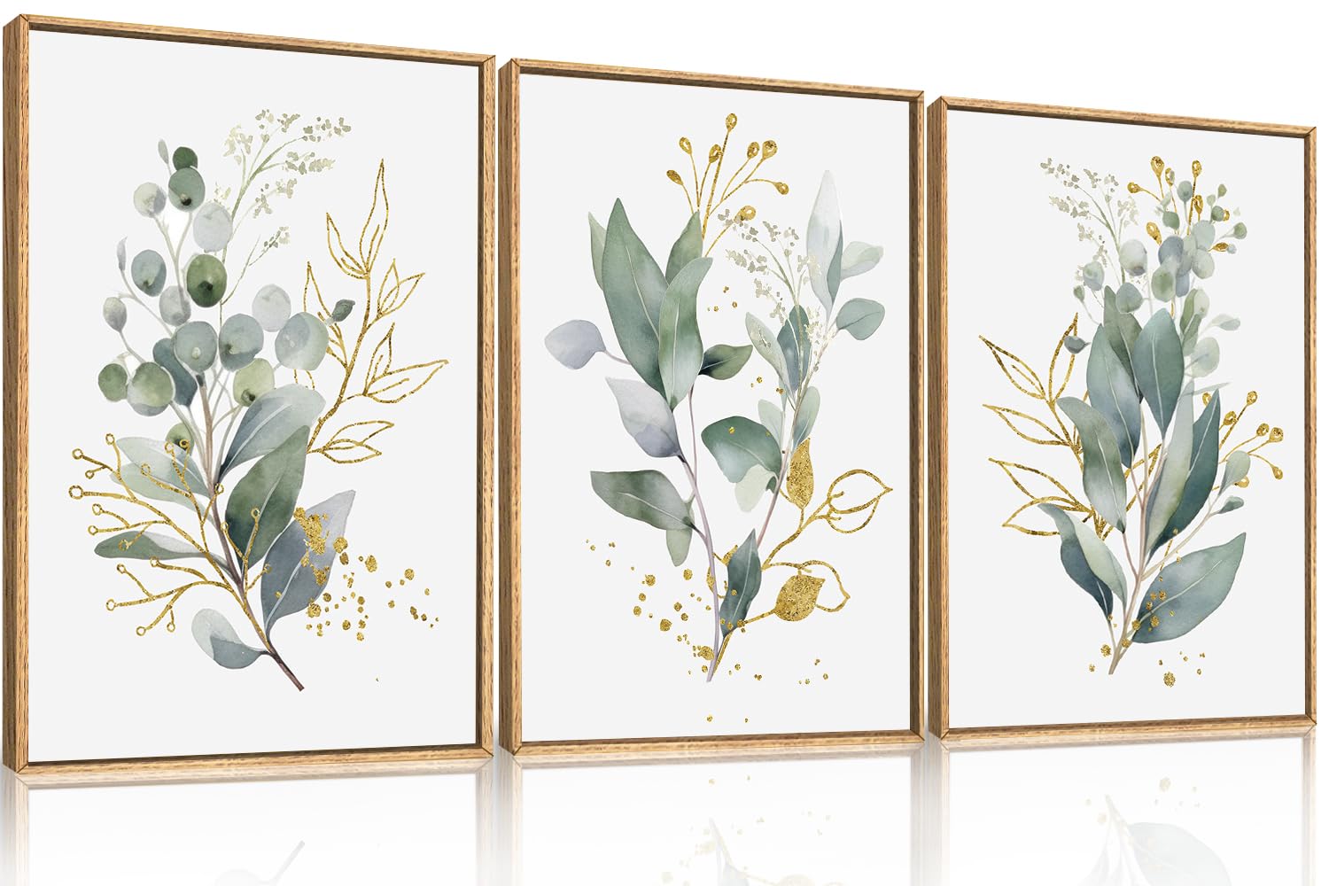 KAIRNE Watercolor Gold Eucalyptus Leaf Canvas Wall Art Set 12x16inch x3