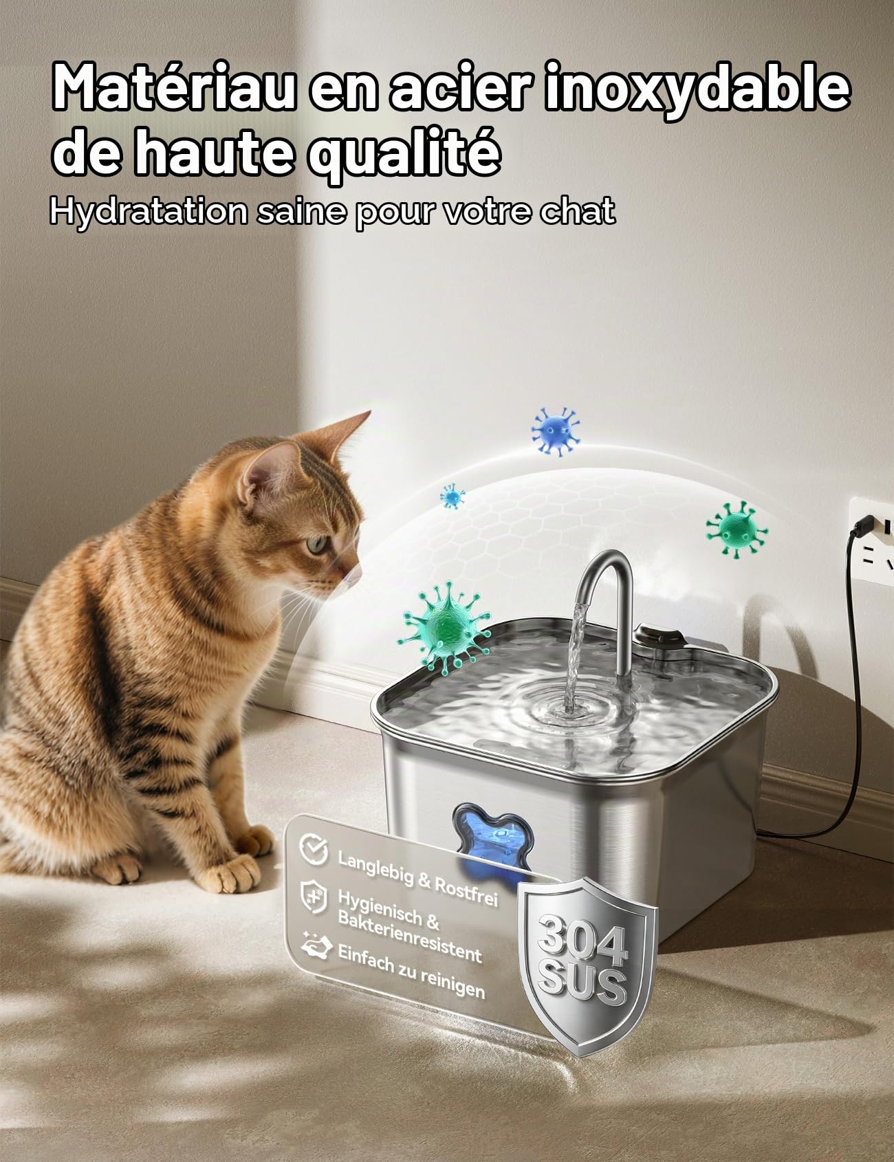 FEELNEEDY Fontaine a Eau Chat INOX 2,8L avec 6 Packs de Filtres et 6 Packs d'Éponges de Remplacement