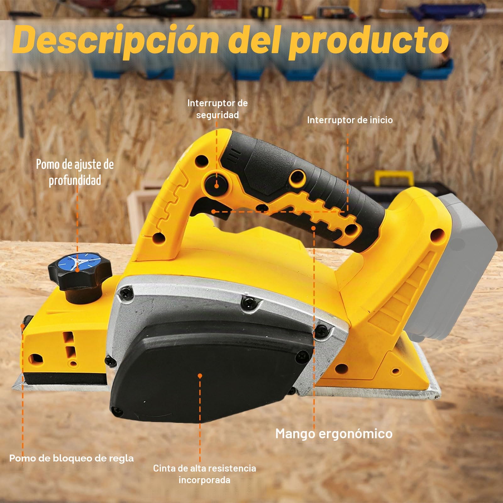 Cepilladora eléctrica (20 V, 16500 rpm, ancho 82 mm, profundidad ajustable 0-2 mm, cepilladora manual para carpintería y bricolaje (sin batería)