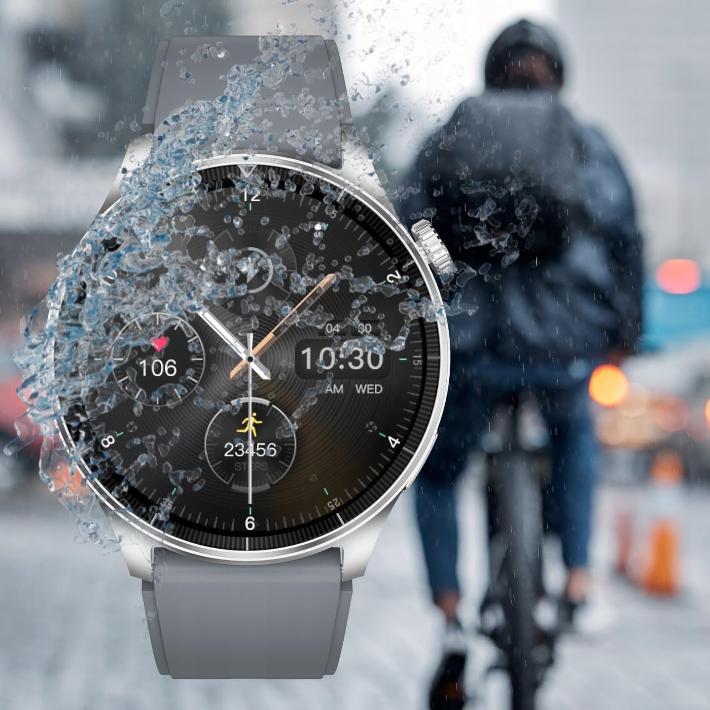 FOREVER Smartwatch Grand 2 SW-710 with water splashing on it, indicating its water resistance, with a person cycling in the background.