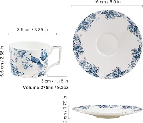 Miniatura 6 de fanquare Juego de taza de té y platillo de porcelana de hueso de 9 onzas para 1, taza de café azul y blanca con juego de platos, taza de té