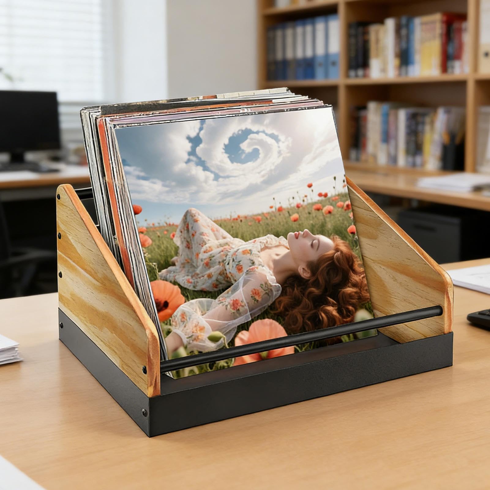 Supporto per Vinili Portadischi da Tavolo in Metallo e Legno | Espositore per Vinili e Album per File Snack Giocattoli Casa Camera Soggiorno Appartamento Ufficio Negozio Scrivania