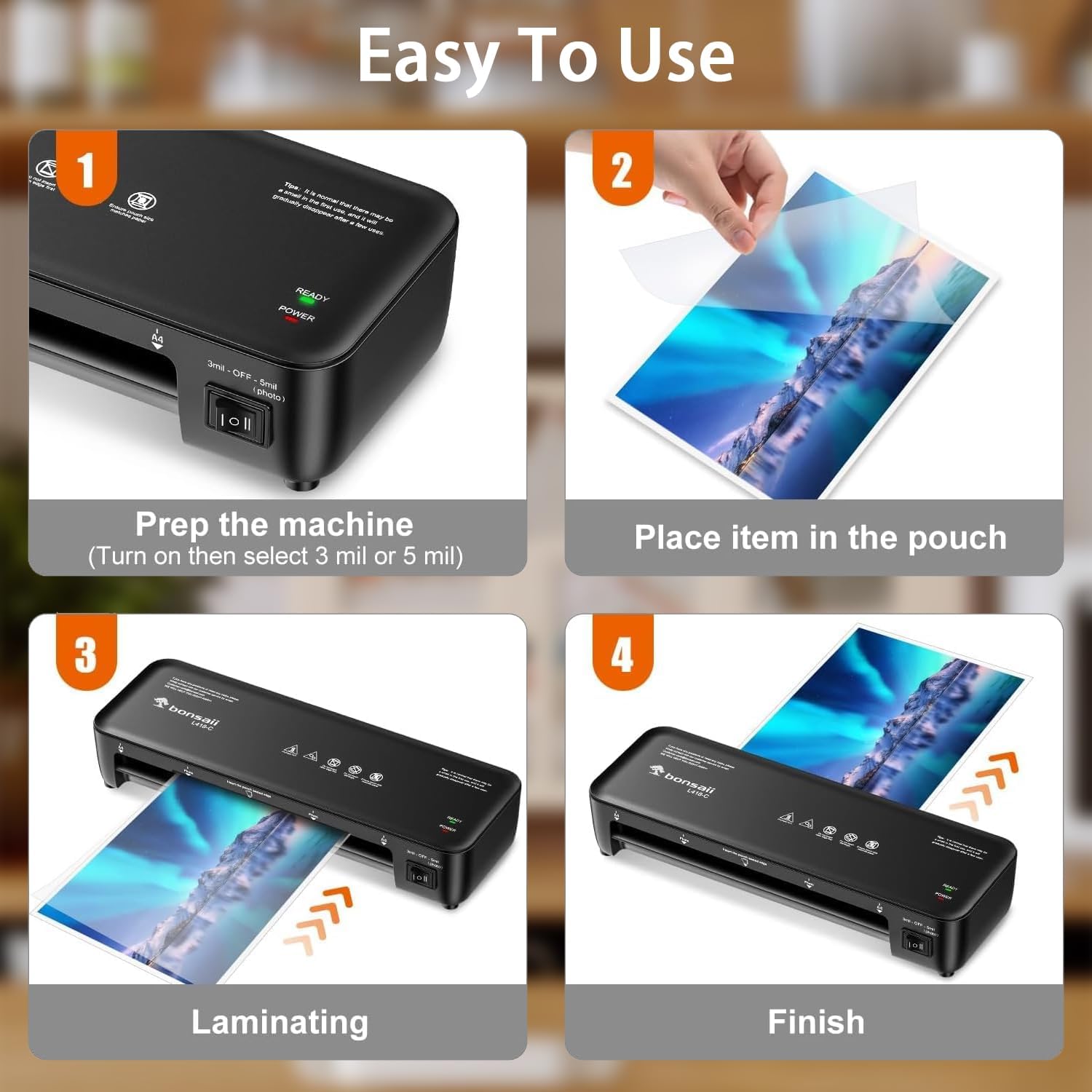Four-step visual guide on how to use the Bonsaii L418-C laminator